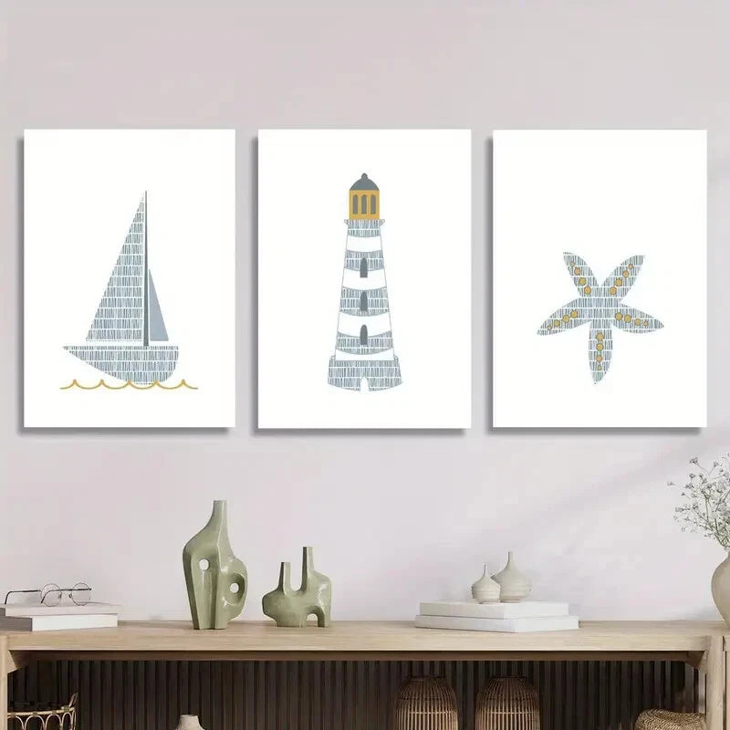 3-Piece Cartoon Watercolor Sailing Ship & Lighthouse Metal Wall Art - Ready to Hang - Perfect for Living Room, Bedroom, or Office Decor