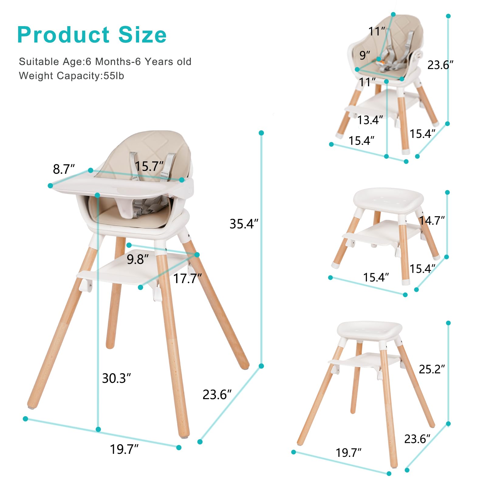 Komcot 6-in-1 Convertible Wooden Baby High Chair with Double Tray & Reversible Footrest - Adjustable Toddler Booster Seat with 5-Point Harness - Beige Baby Feeding Chair for Dining, Kitchen, and Travel Use
