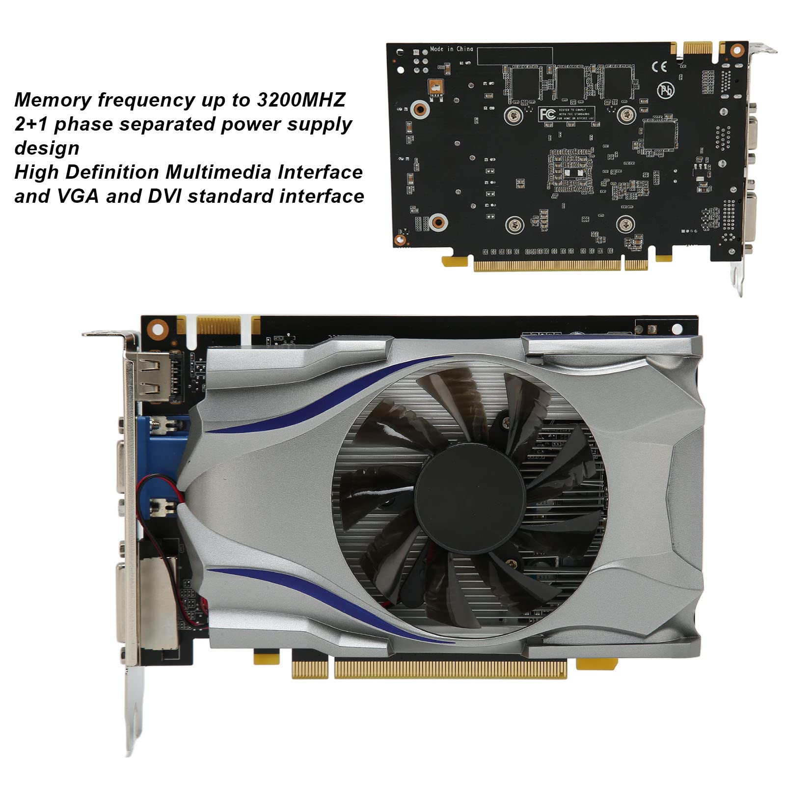 Yctze 2GB GDDR5 Gaming Graphics Card with 128BIT Memory, 192 CUDA Cores & 32 Texture Units | 3200MHz Memory Frequency | Single Fan Cooling | DirectX11 Support | DVI VGA HD Interface for PC Gaming, Video Editing & 3D Rendering