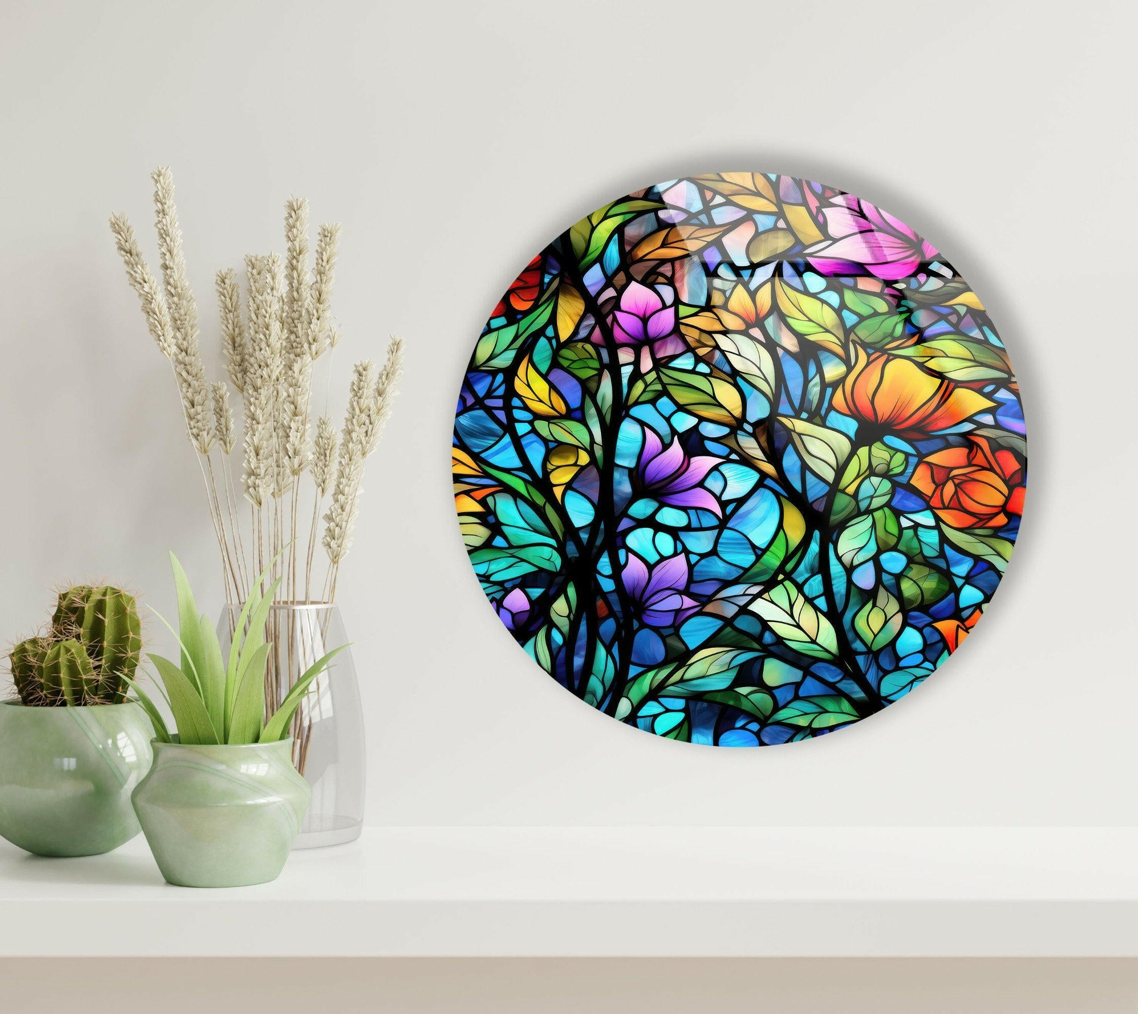 Vibrant Floral Stained Glass Round Wall Art - Handmade Decorative Piece for Living Room, Bedroom, or Office Décor