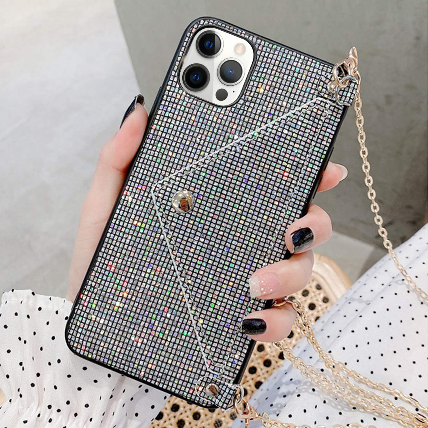 Sparkly Glitter iPhone 12 Pro Wallet Case with Card Holder & Crossbody Chain - Durable 6.1