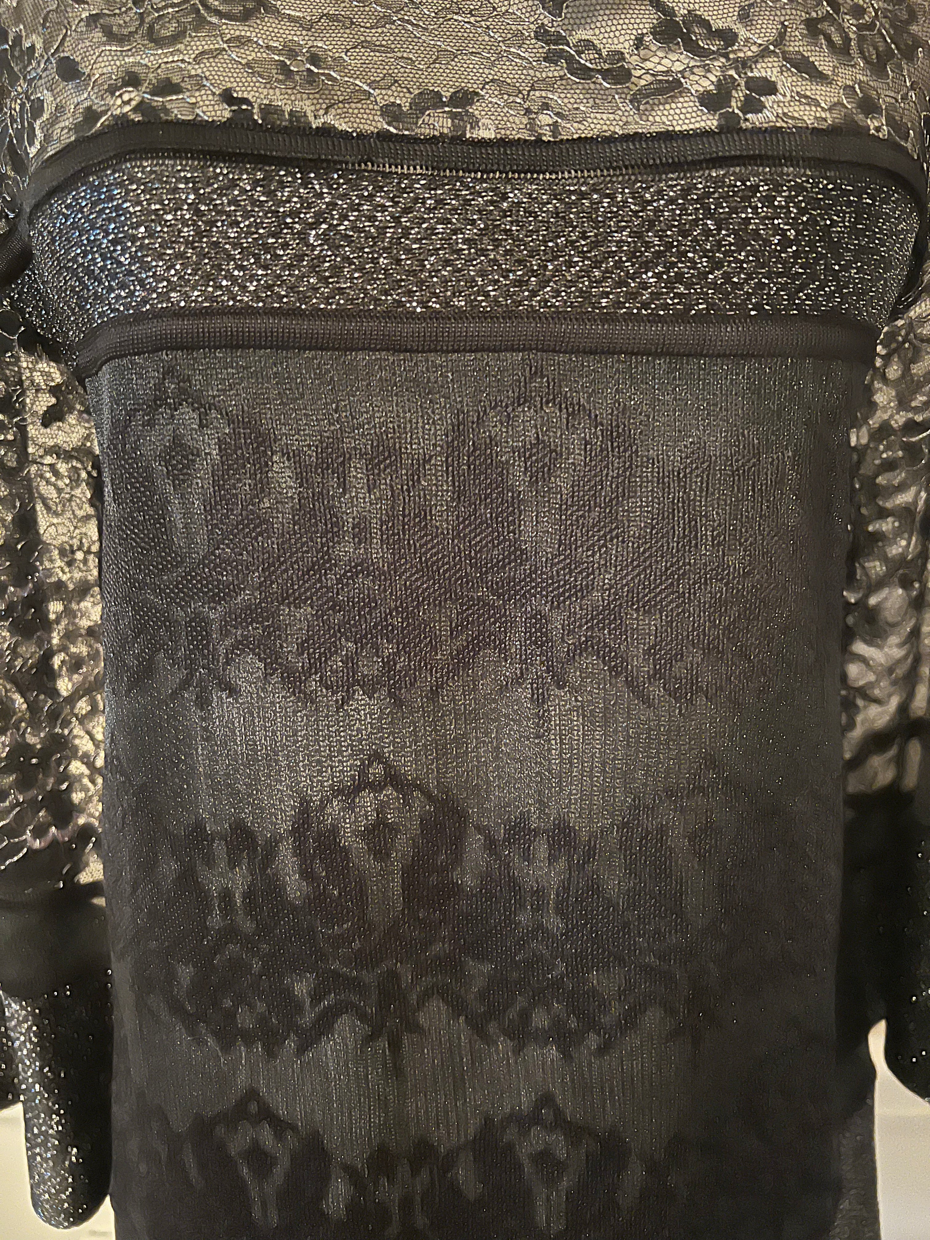 St. John Black Lace Metallic Sheer Blouse - Women's Elegant Evening Top for Parties & Special Occasions