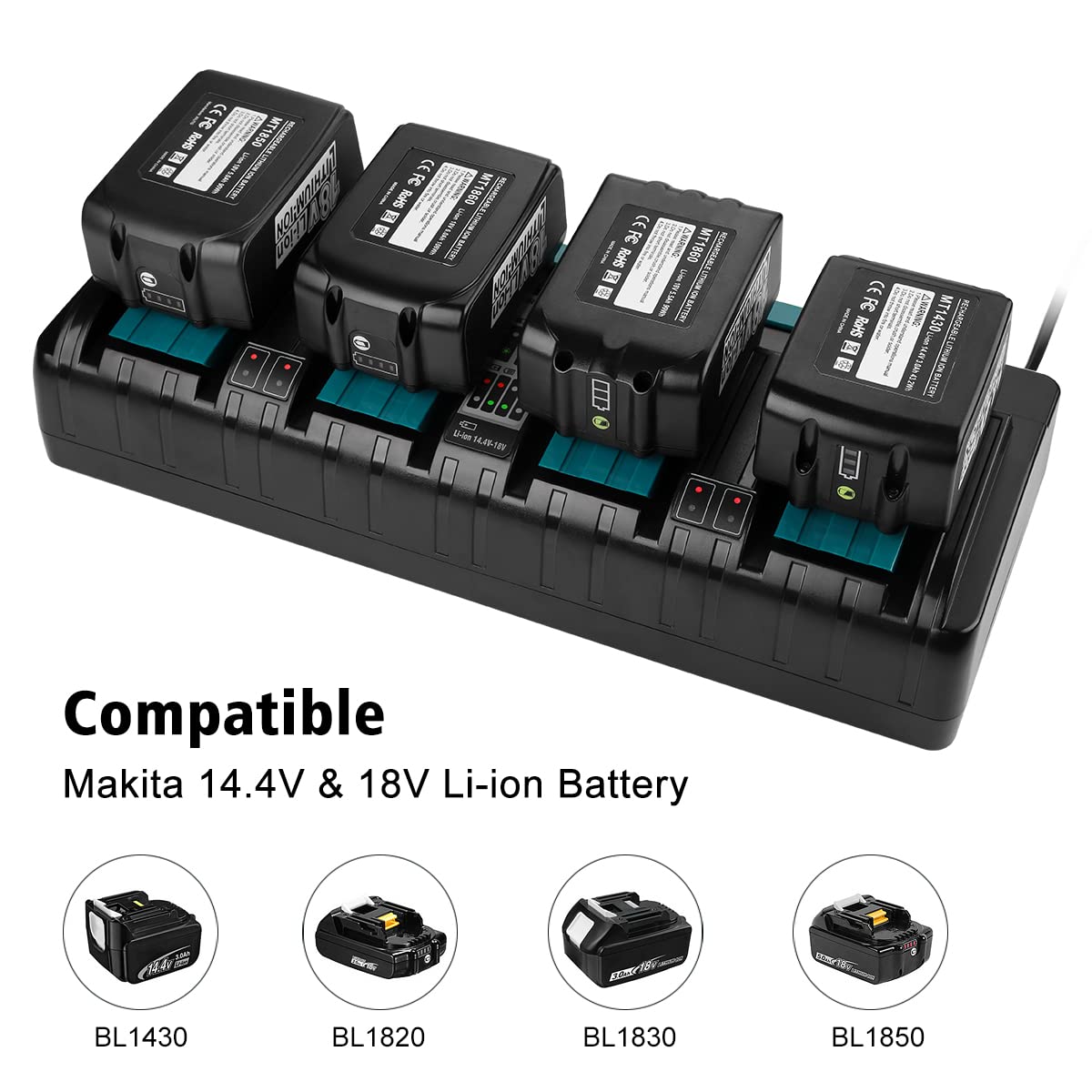 **4-Port 18V DC18SF Replacement Charger for Makita 14.4-18V Lithium Batteries (BL1830, BL1840, BL1850, BL1860, BL1815, BL1430) - Compatible with DC18SF, DC18RC, DC18RD, DC18RA - Fast Charging for Power Tools, Drills & Outdoor Equipment**
