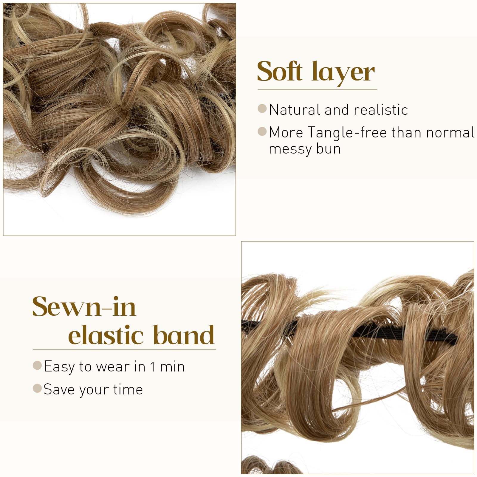 Messy Bun Scrunchie Hair Piece - 32 Inch DIY Wrap Around Ponytail | Fluffy Curly Synthetic Hair Extensions for Women | Light Brown to Ash Blonde | Perfect for Updos, Weddings, Cosplay & Everyday Styling