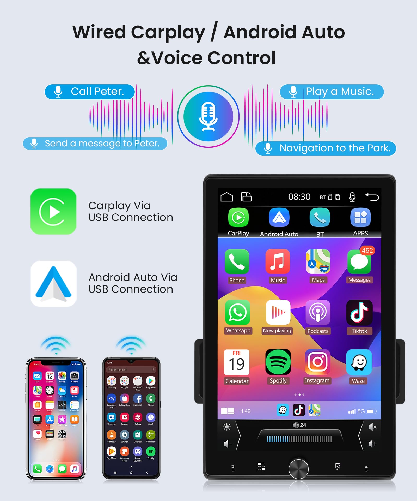 10.4 Inch Single Din Car Stereo with Wireless CarPlay & Android Auto - Vertical Touch Screen Bluetooth FM Radio Head Unit with Backup Camera & Mirror Link | Perfect for Tesla Model 3/Y, Toyota, Honda & More | Easy Installation & Enhanced Driving Experience