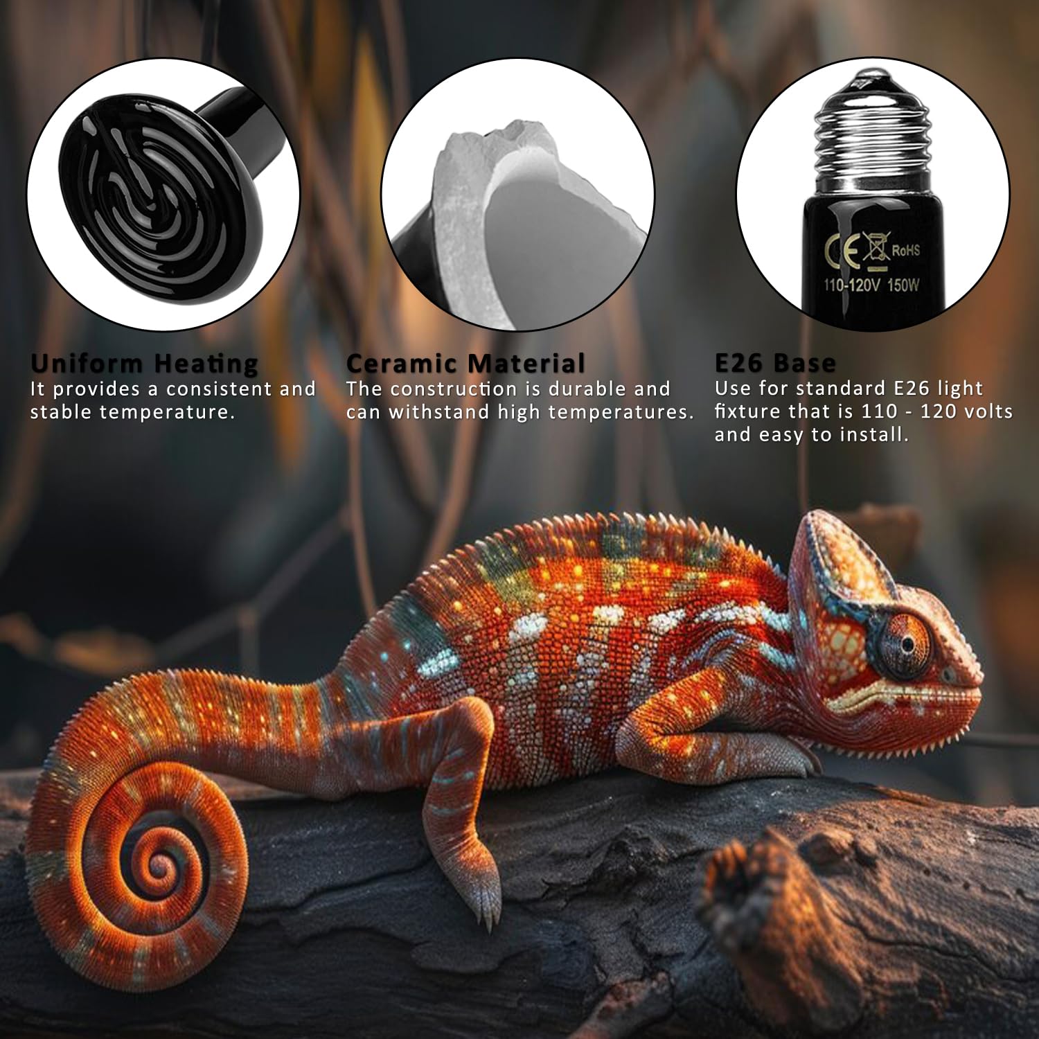 150W Ceramic Heat Emitter Bulb - 2 Pack E26 Reptile Heat Lamp with No Light Emission - Ideal for Turtles, Lizards, Snakes, Bearded Dragons & Amphibians - Perfect for Pet Brooders, Chicken Coops & Terrarium Heating - Durable Ceramic Heating Element for Constant Warmth