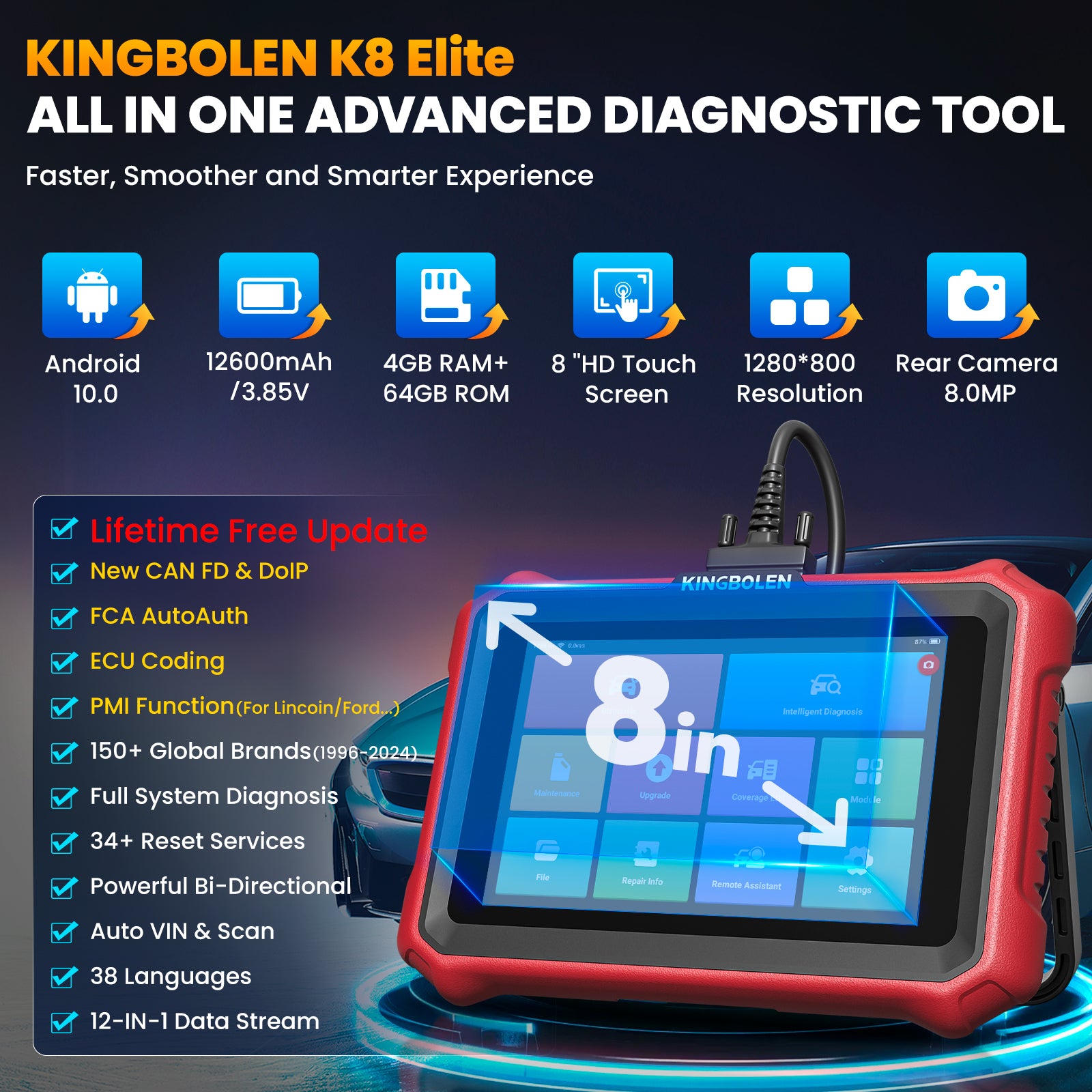 KINGBOLEN K8 Elite OBD2 Scanner - Professional Wireless Diagnostic Tool with Lifetime Free Updates, ECU Coding, Bi-Directional Control, 34+ Reset Services, CANFD & DOIP Support, FCA AutoAuth - Perfect for Mechanics & DIY Car Repairs at Home or Garage