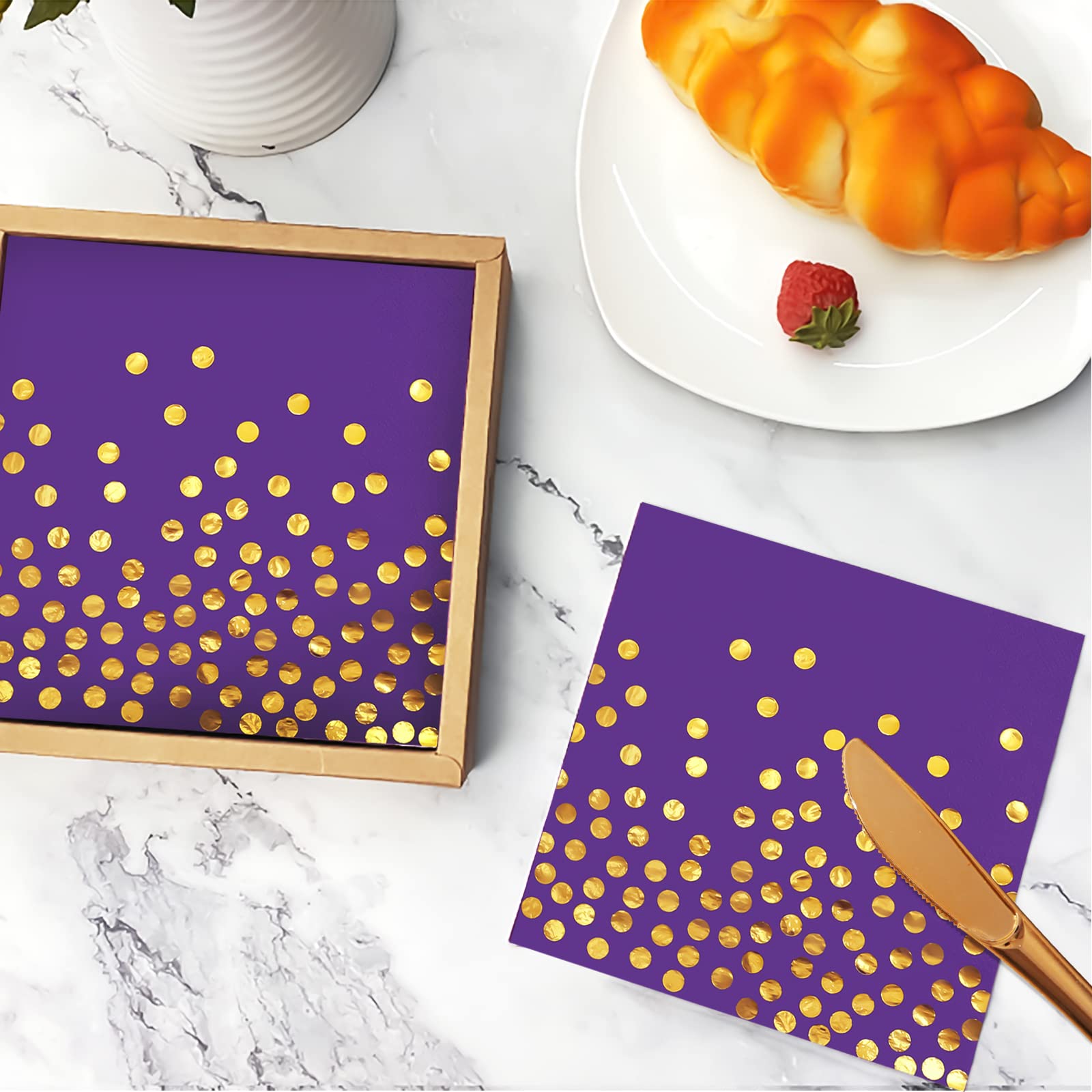 100-Pack Purple Cocktail Napkins with Gold Dots - Disposable Paper Dinner Napkins for Birthday, Anniversary, Wedding & Party Supplies - Perfect for Cocktail Hours, Bridal Showers, and Upscale Events
