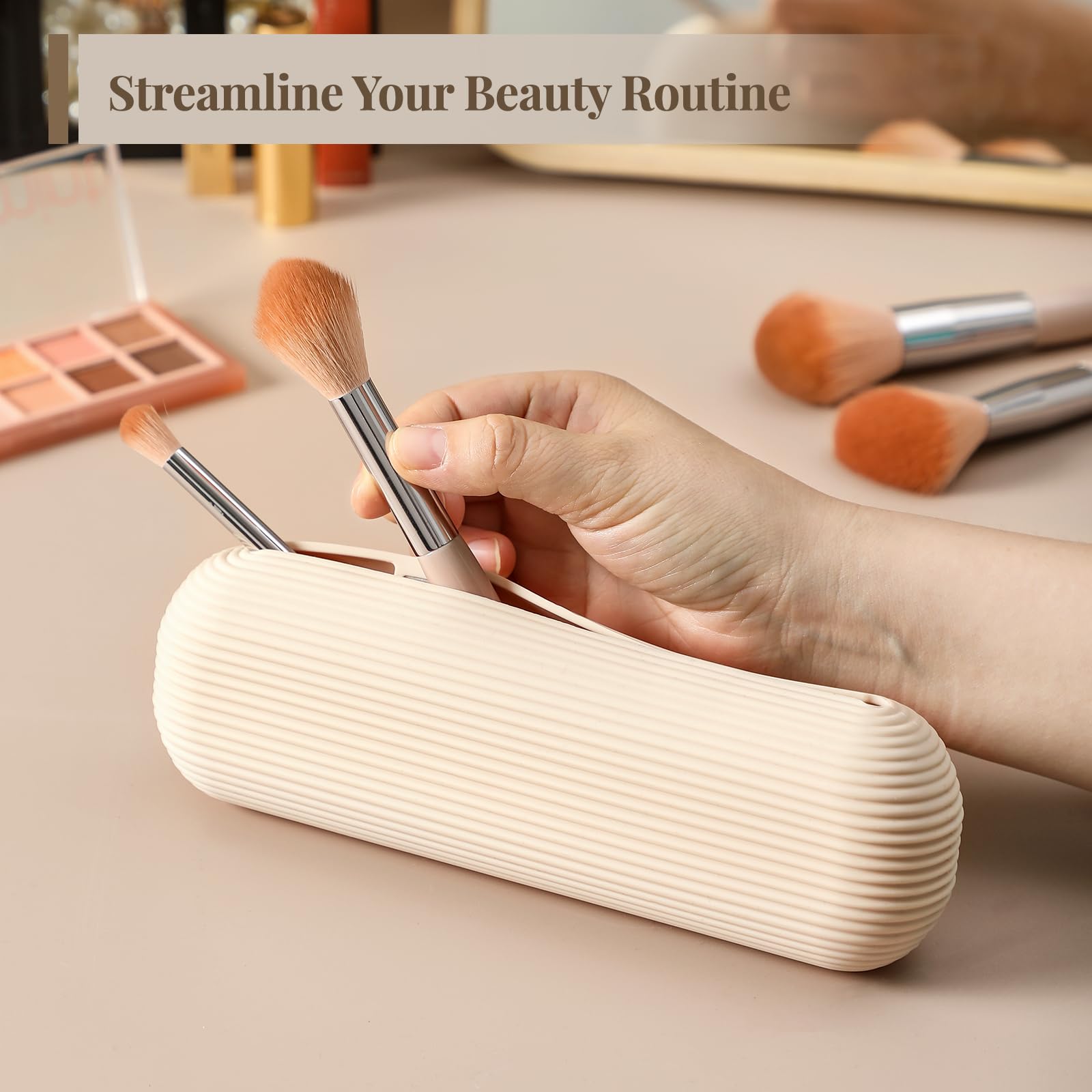 **LANDNEOO Magnetic Travel Makeup Brush Holder – Large Anti-Fall Silicone Cosmetic Organizer Bag, Portable Face Brush Case & Toiletry Pouch – Perfect for Travel, Home, and Salon Use (Khaki)**