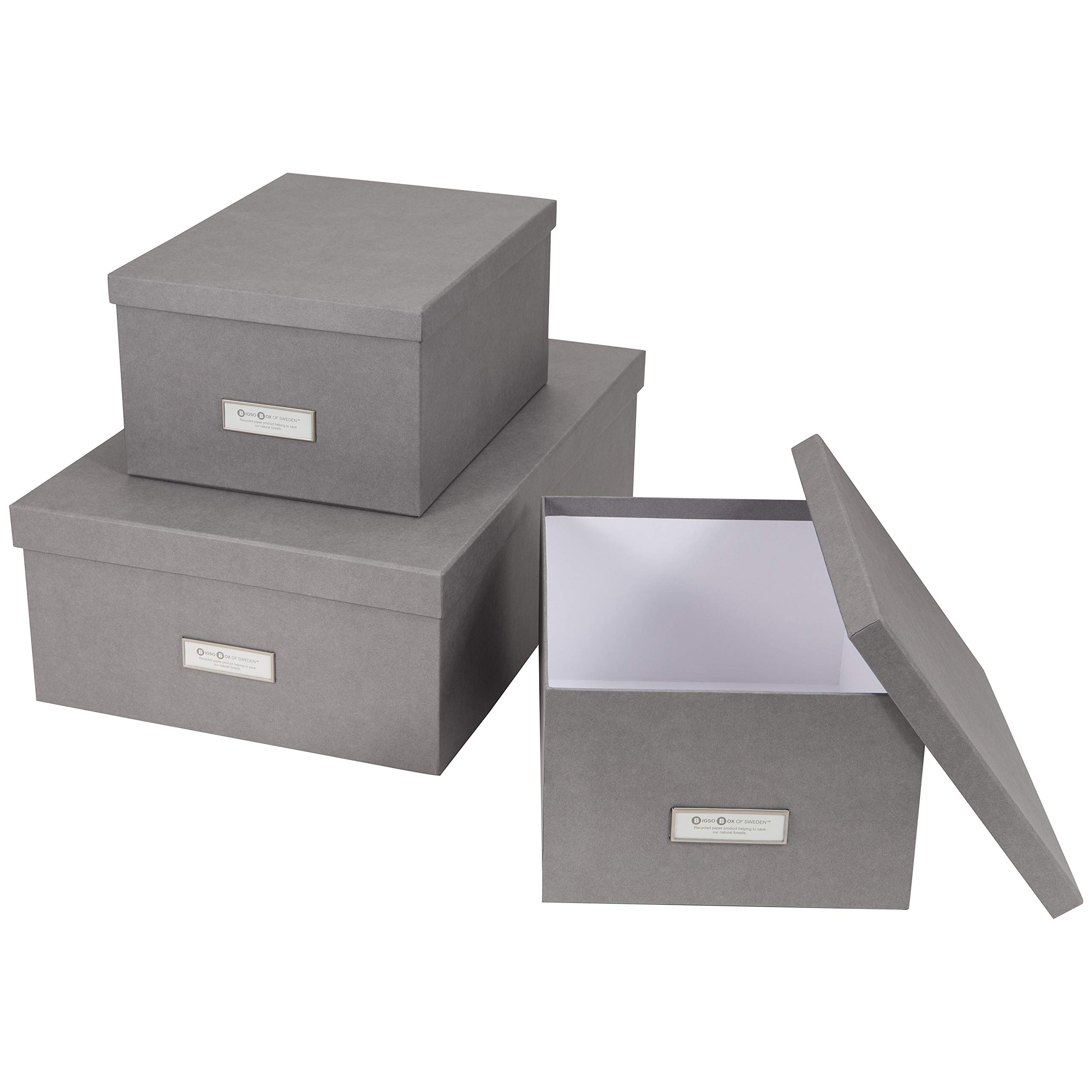 Bigso Box of Sweden - Set of 3 Storage Boxes with Lids - Organizer Box for Clothes, Office Supplies & Home Organization - Wardrobe Storage Boxes with Labels for Bedding, Seasonal Clothing & Toys - Grey - Perfect for Closet, Nursery & Garage Storage