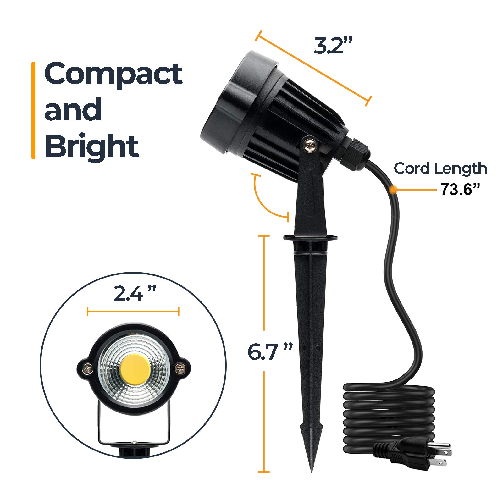 5W 3000K Warm White LED Landscape Spot Lights with Spiked Stand - Waterproof Outdoor Spotlight for Yard, House, Lawn Decoration - US 3-Prong Plug (2 Pack) - Perfect for Garden Pathways, Tree Uplighting & Architectural Accents