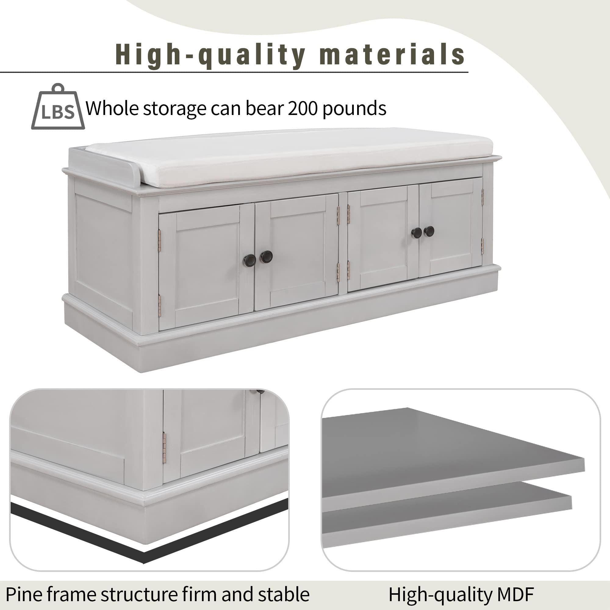 Multi-Functional Storage Bench with 4 Doors & Adjustable Shelves - Shoe Organizer Bench with Removable Cushion for Entryway, Living Room, Hallway - Grey Wash Finish - Perfect for Small Space Organization & Shoe Storage Solutions