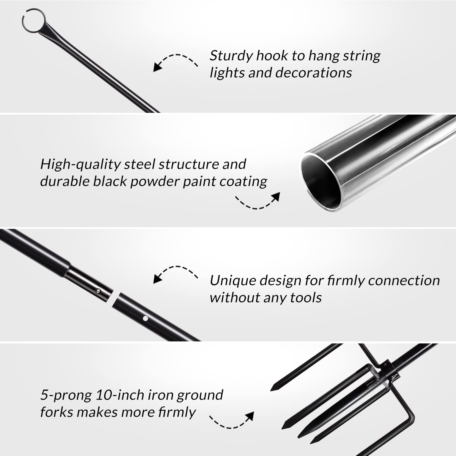 Walensee 4 Pack String Light Poles with Hook - 9.4FT Outdoor Metal Lighting Poles for Hanging String Lights - Garden & Patio Decor - 5-Prong Fork Steel Stand Holder - Perfect for Holidays, Weddings, Easter, Parties & Backyard Gatherings - Create Magical Outdoor Ambiance