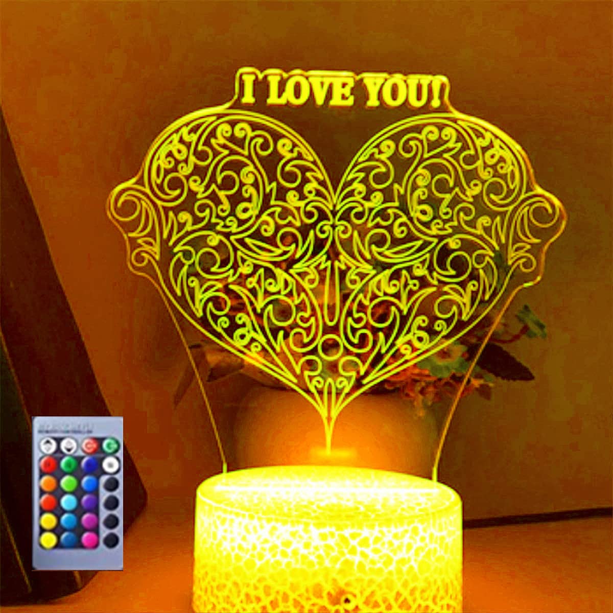 3D Heart Night Light LED Lamp - 16 Color Changing Optical Illusion Table Lamp for Bedroom, Desk Decor | Romantic Gift for Valentine's Day, Birthday, Christmas | Kids Room, Nursery, Home Decoration Lighting