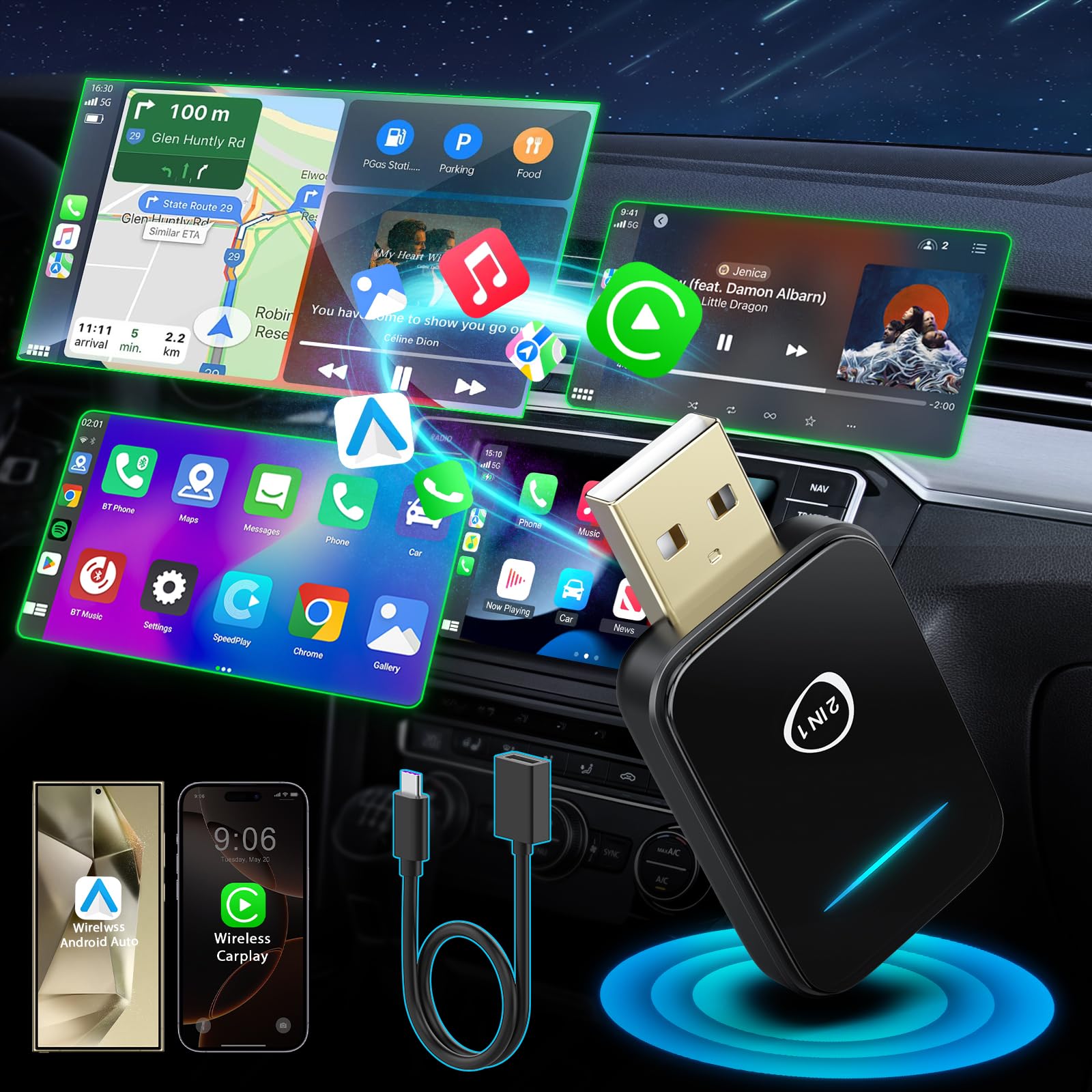 2 in 1 Wireless CarPlay & Android Auto Adapter - 2025 Mini Upgrade Plug & Play for iPhone & Android - Convert Wired to Wireless CarPlay - Auto Connect for Cars 2016+ - Perfect for Commuting & Road Trips