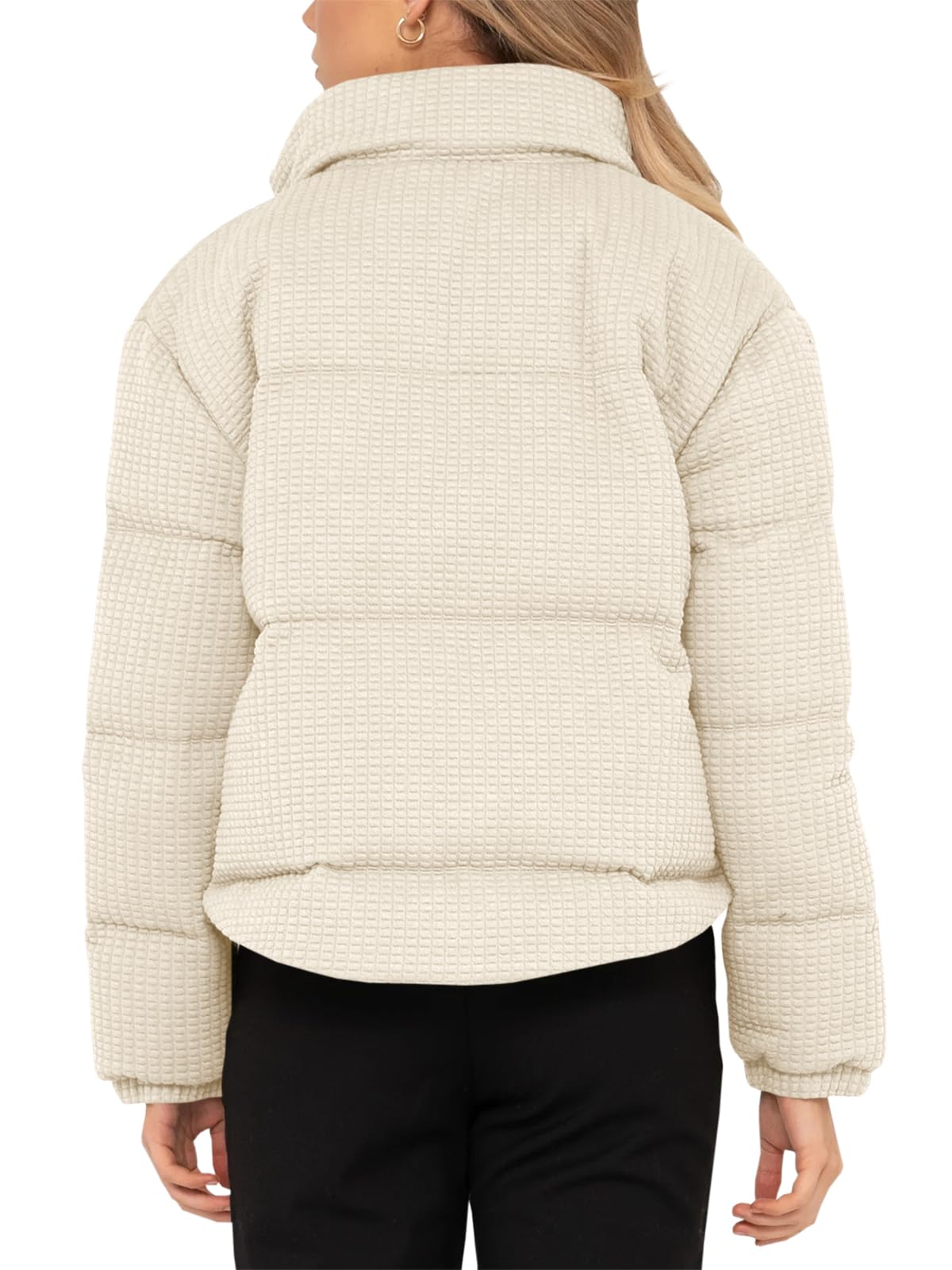 Tankaneo Women's Waffle Crop Puffer Jacket - Stand Collar Long Sleeve Winter Coat, Warm Quilted Padded Outerwear for Cold Weather, Fashionable Streetwear for Fall and Winter Seasons
