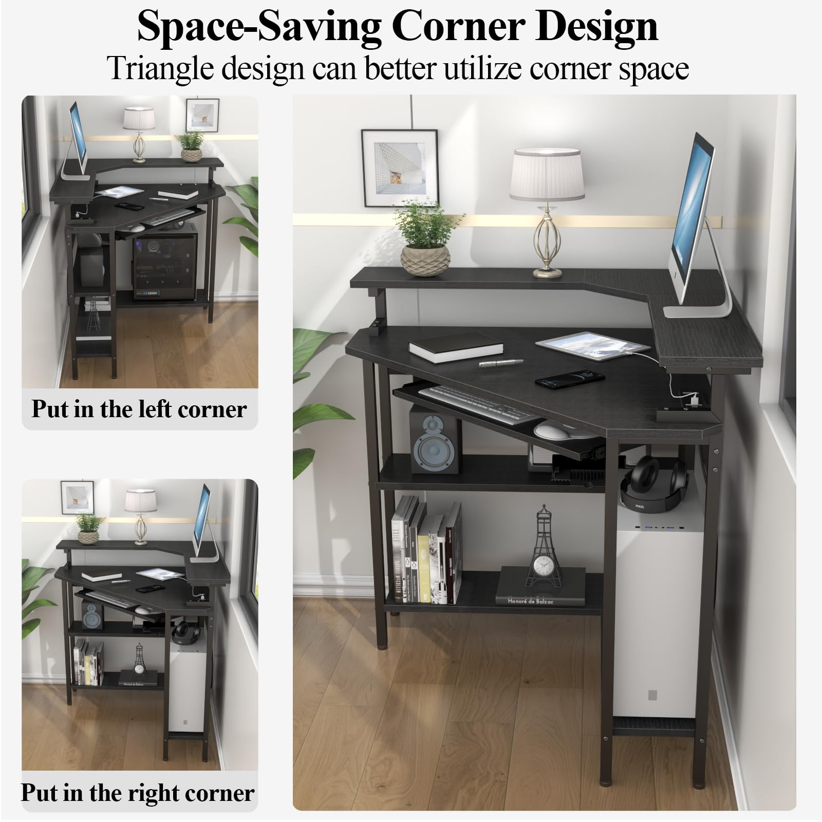 Corner Desk with Charging Station & LED Light - Triangle Computer Desk with Monitor Stand, Keyboard Tray & Storage Shelves for Small Spaces - Perfect for Home Office, Gaming Setup & Workstation (Black)