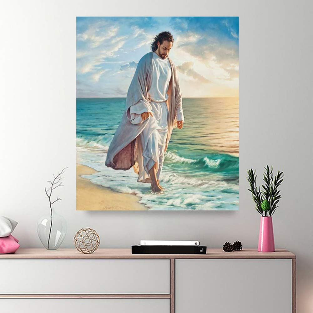 Jesus Walks On Beach Framed Wall Art - Religious Christian Decor for Bedroom, Office & Living Room - Ready to Hang Inspirational Picture - Perfect for Prayer Spaces & Gift Giving
