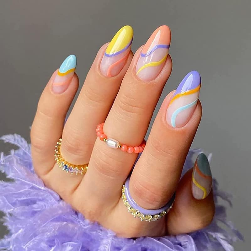6 Packs (144 Pcs) Medium Press on Nails - Almond & Square Shape Full Cover Fake Nails with Adhesive Tabs, Acrylic Artificial Nails for DIY Manicure & Nail Art - Perfect for Parties, Weddings, and Everyday Wear
