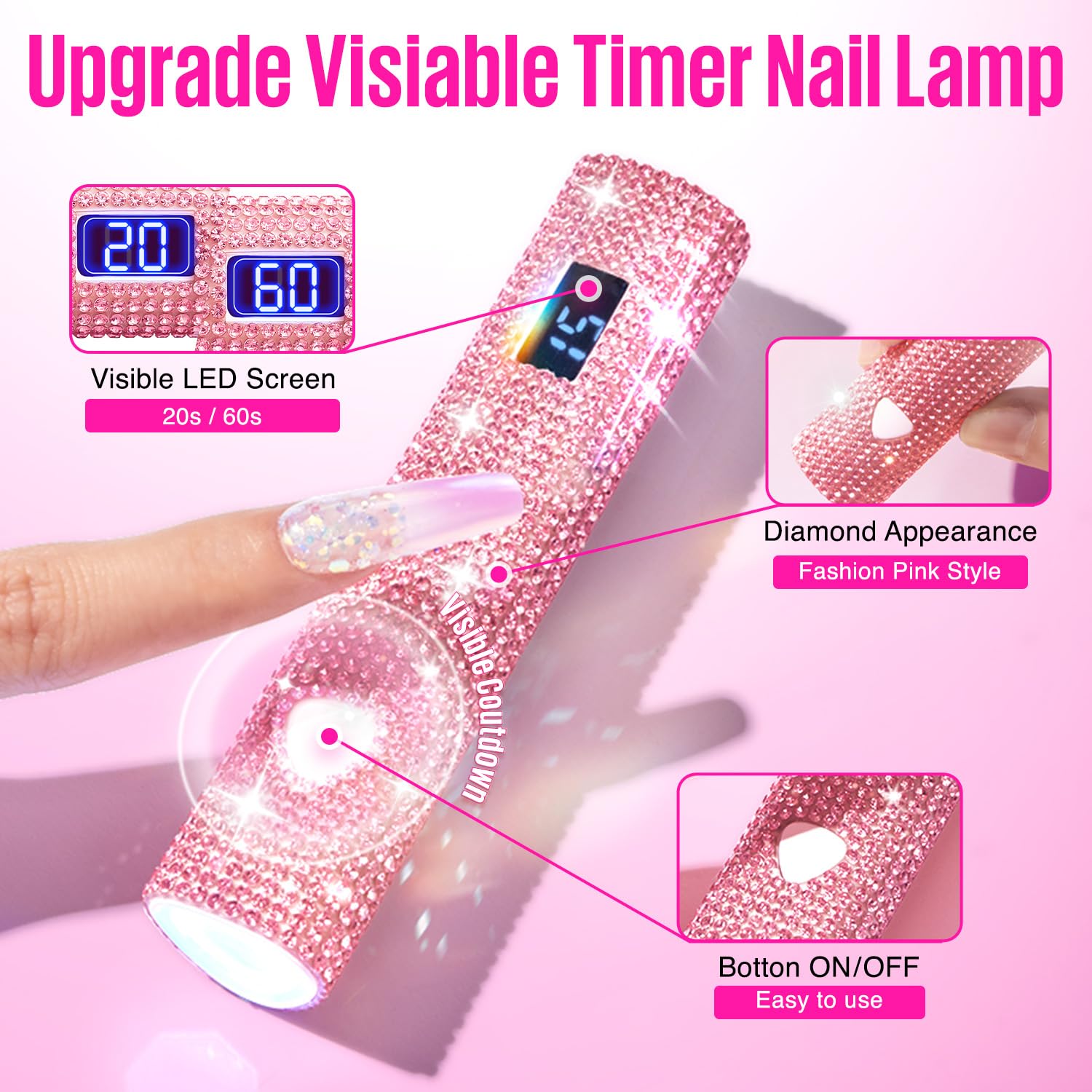 Professional Cordless UV LED Nail Lamp for Gel Polish - Pink Glitter Handheld Nail Dryer with Visible Timer & Touch Screen | Perfect for Gel Nails, Polish Stickers & Nail Art | Ideal Gift for Women & DIY Manicure at Home