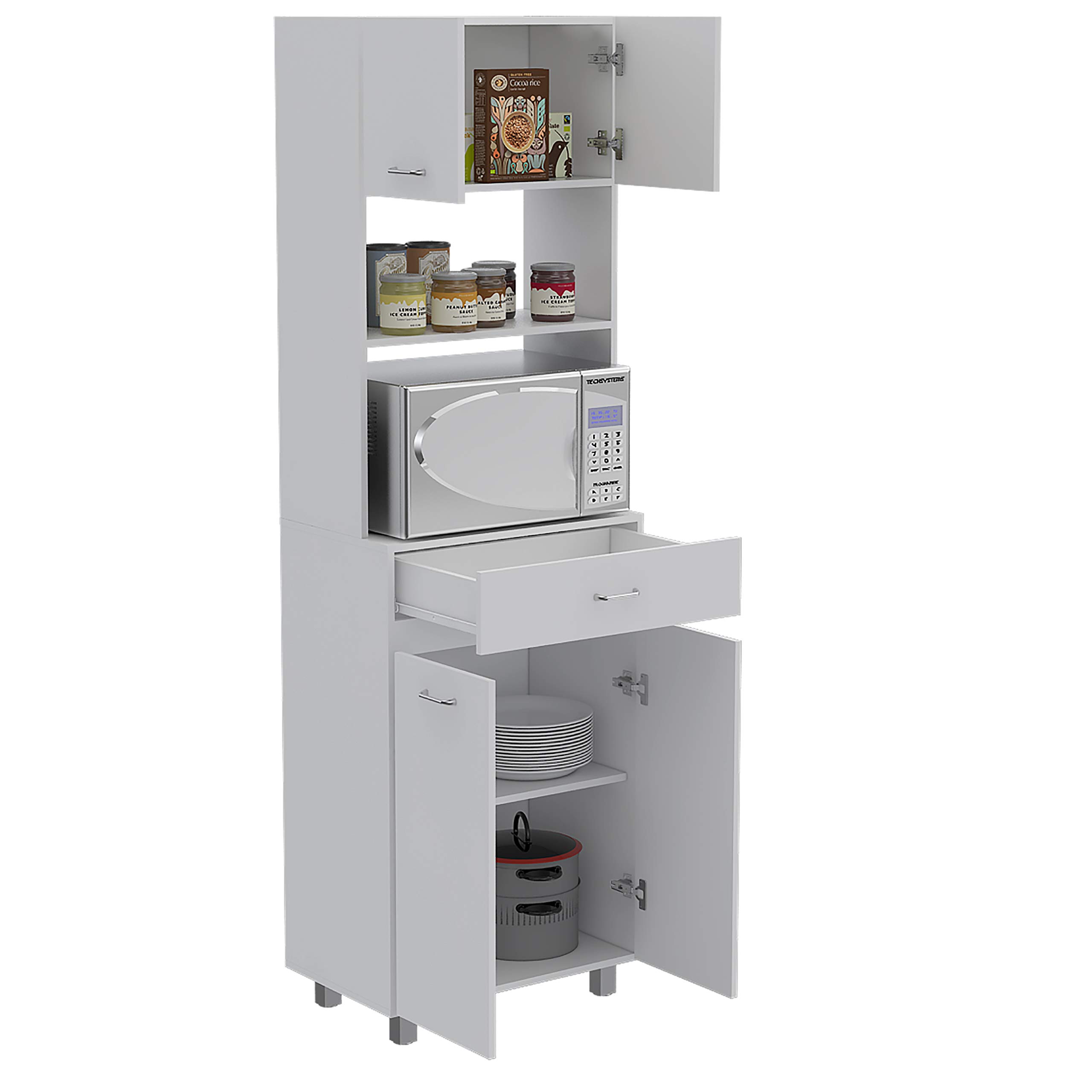 White Auburn Microwave Pantry Cabinet with 2 Storage Cabinets, 2 Open Shelves & Drawer - Perfect for Kitchen Organization & Small Space Storage