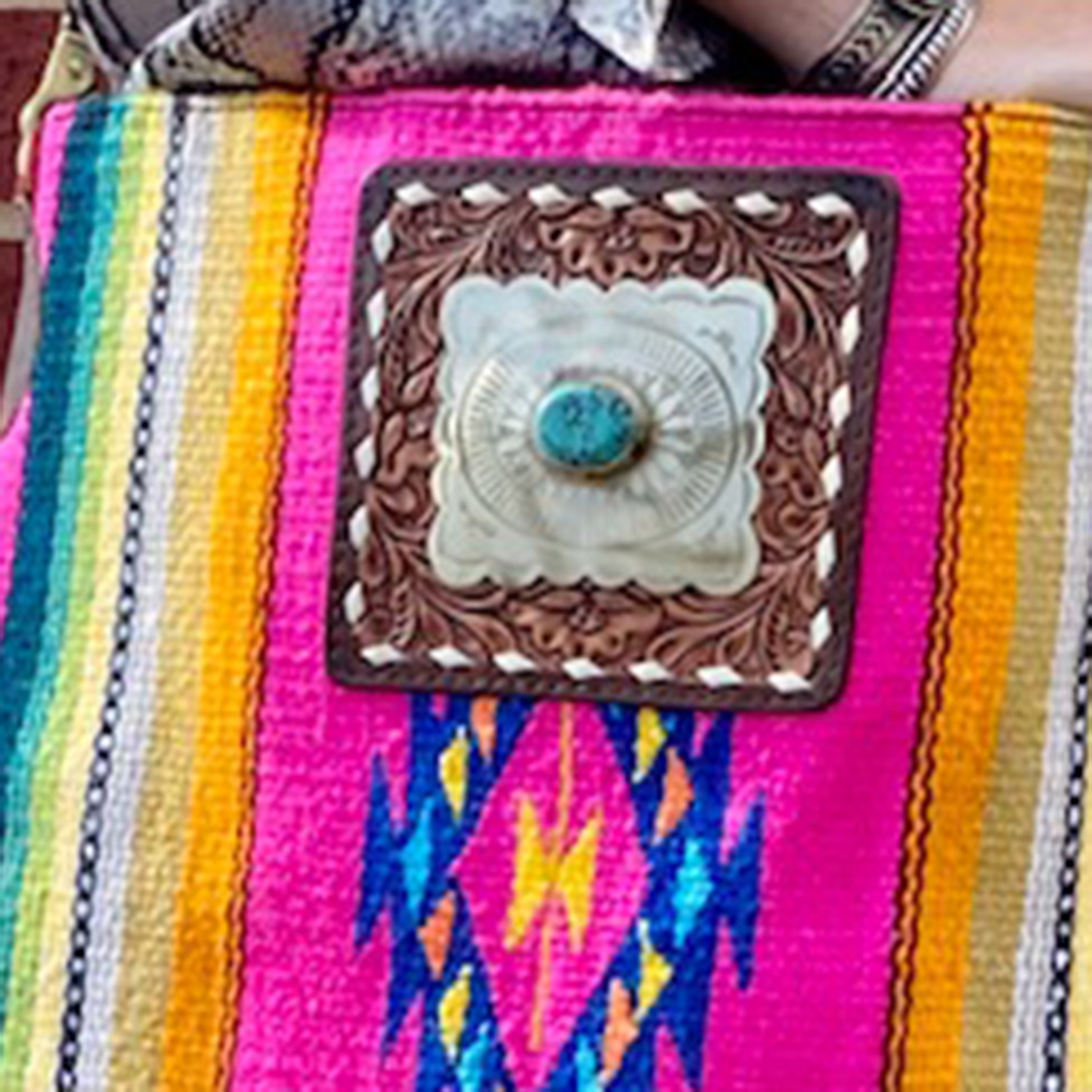 American Darling Pink Serape Saddle Blanket & Concho Crossbody Bag - Western Style Equestrian Accessory for Horse Riding, Music Festivals and Boho Fashion