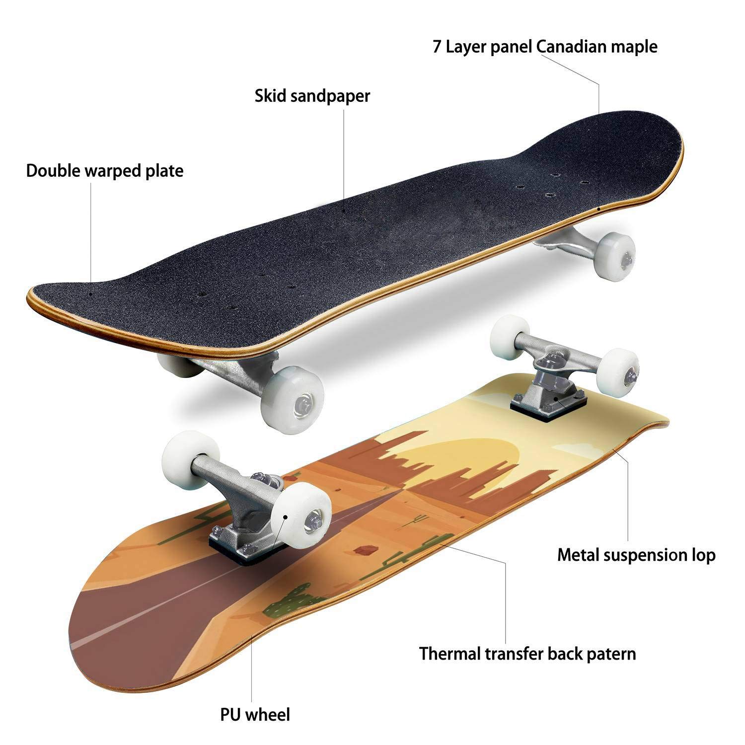 Premium Classic Concave Skateboard for Beginners & Professionals - Desert Landscape Design Longboard for Extreme Sports & Teen Gifts | Perfect for Street Skating, Commuting & Outdoor Adventures