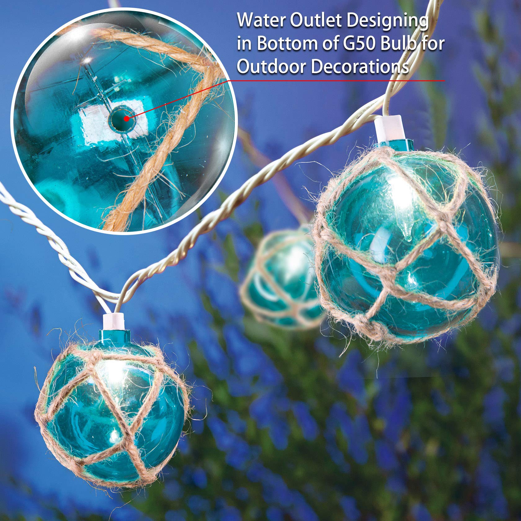 Nautical String Lights - Set of 10 Blue G50 Beach Fairy Lights for Ocean Themed Decor | Waterproof Fishing Lights Perfect for Coastal Room, Patio, Wedding & Outdoor Party Decorations