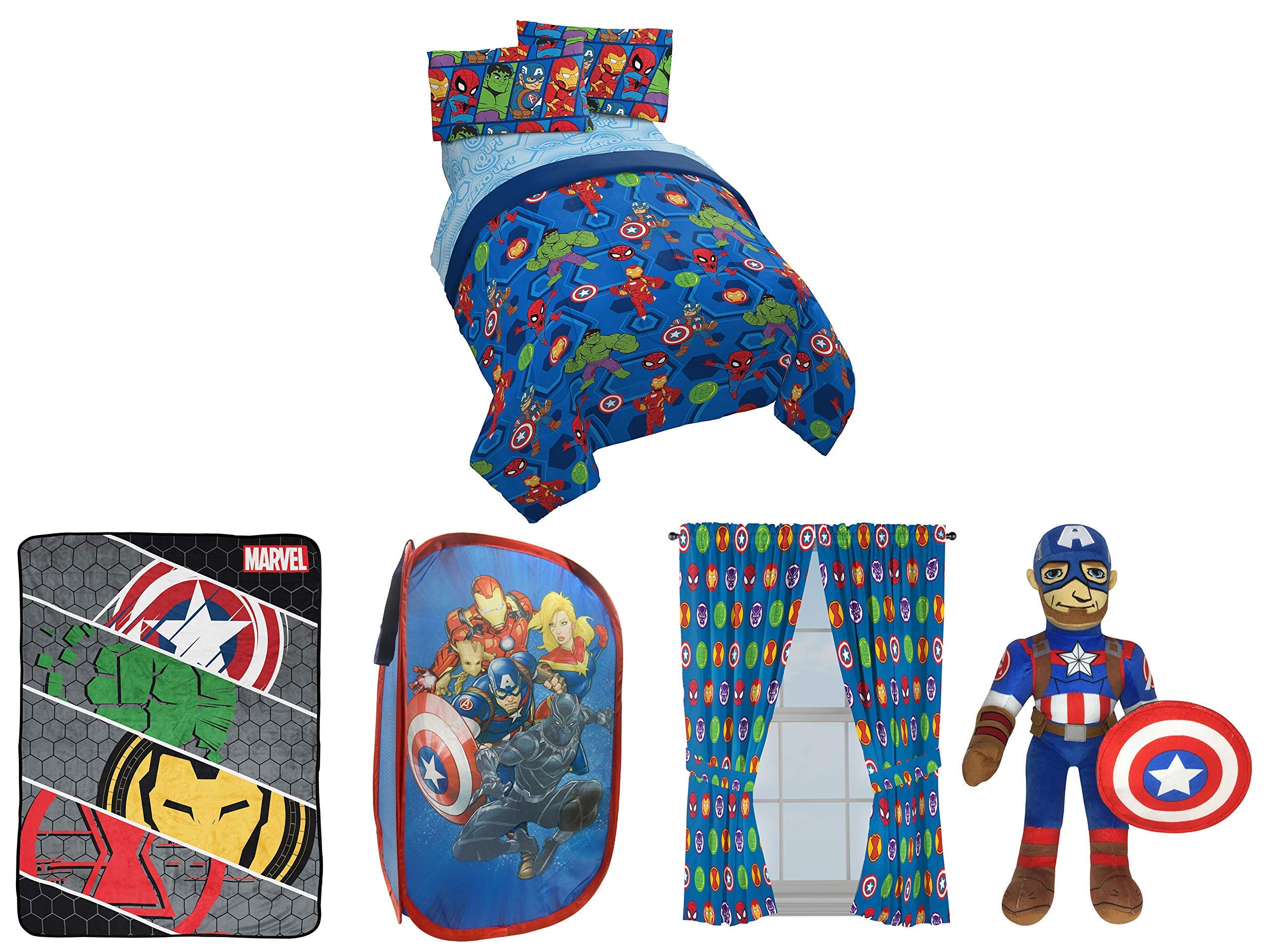 Marvel Super Hero Adventures Toddler Bedding Set - 11-Piece Bundle with Comforter, Sheet Set, Pop-Up Hamper, Pillow Buddy, Throw Blanket & Window Curtains | Perfect for Kids' Room Decor & Superhero Themed Nursery