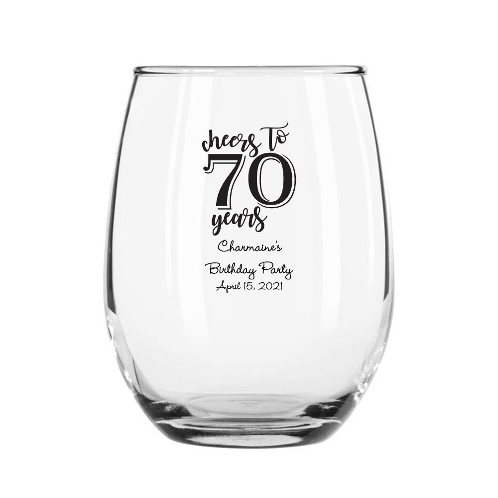 144 Pack Cheers To 70 Years Black Stemless 9 oz Wine Glasses - Bulk Party Supplies for Anniversary Celebrations, Retirement Parties & Special Events