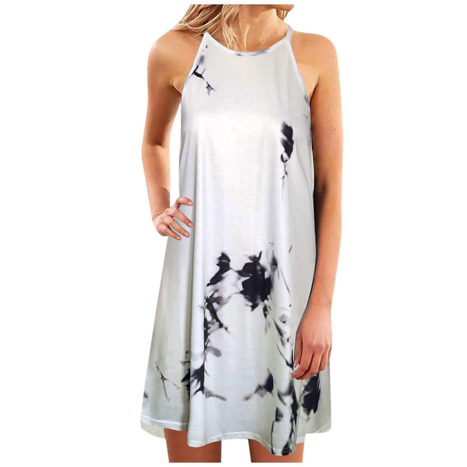 Women's Summer Dresses 2023 - Sexy Sling Backless Casual Tie-Dye Print Sleeveless Dress, Plus Size Loose Fitted Outfits (XXL, White) | Beach Party, Vacation, Date Night, Club Wear