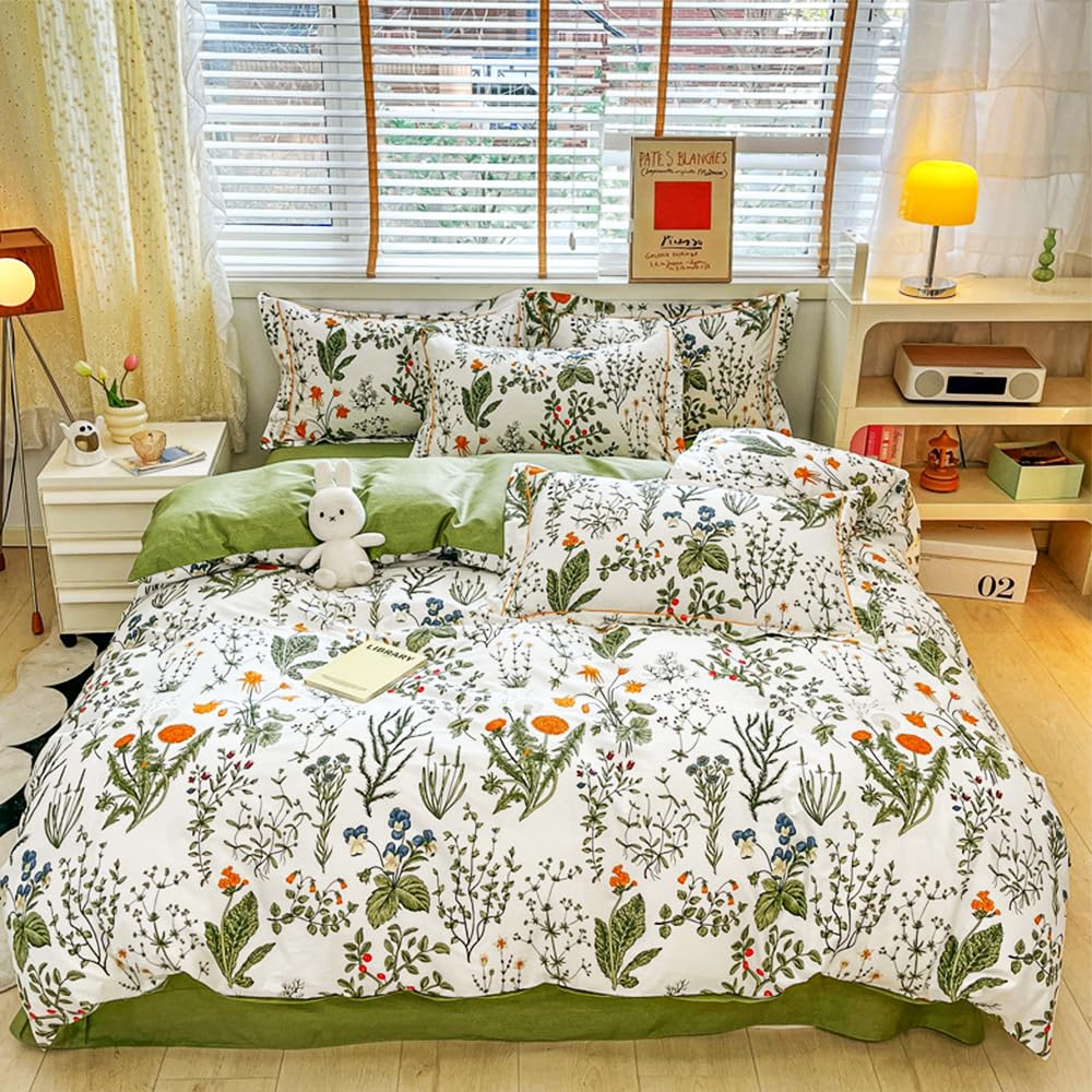 CLOTHKNOW Floral King Size Comforter Set 3Pcs - Green & White Botanical Boho Bedding with 2 Pillowcases | Perfect for Master Bedroom, Guest Room & Bohemian Home Decor