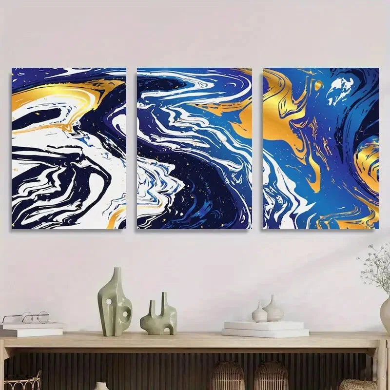 3-Piece Abstract Blue and Gold Marble Metal Wall Art - Ready to Hang Modern Home Decor for Living Room, Bedroom & Office