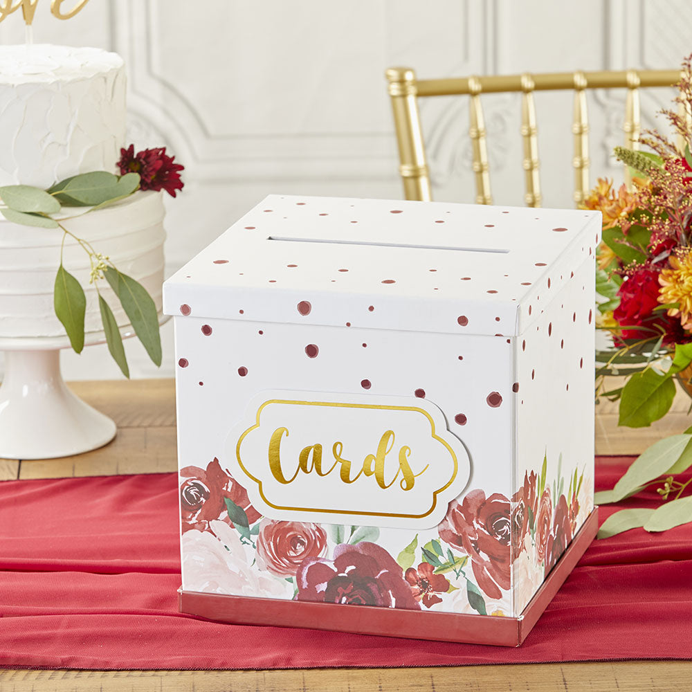 Burgundy Blush Floral Collapsible Gift Card Box - Elegant Wedding Invitation Holder, Birthday Party Favor Container & Holiday Greeting Card Organizer