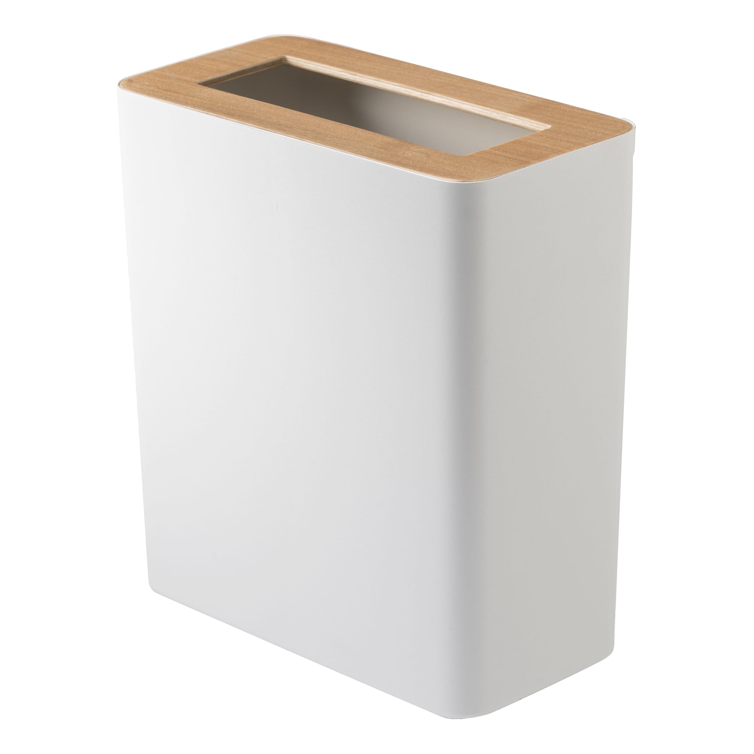 Yamazaki Home Small Modern Trash Can - Stainless Steel & Wood Waste Basket for Bathroom, Kitchen, Office - Compact Ash-Colored Bin for Home & Office Organization