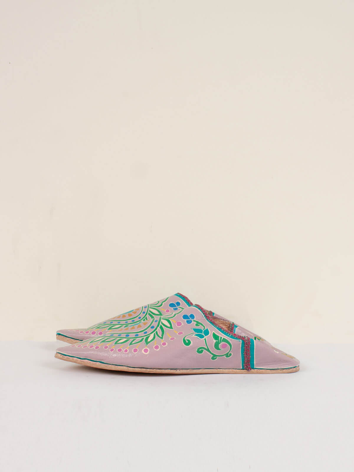 Hand Painted Leaf Moroccan Babouche Slippers - Soft Comfortable House Shoes for Women in Lilac | Perfect for Home, Lounge & Boho Chic Outfits