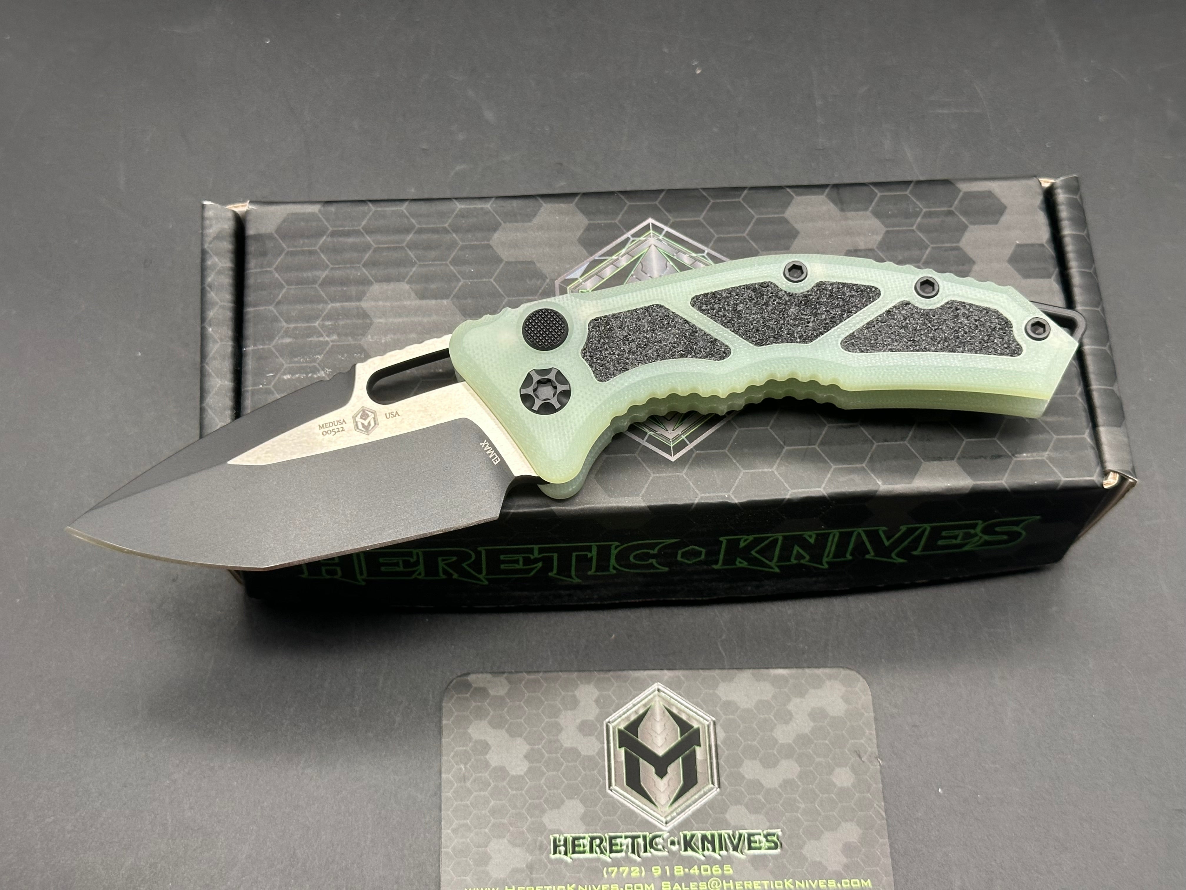 Heretic Knives Medusa OTS Automatic Knife - Jade G10 & Black Two-Tone Tanto Blade in Elmax Steel - EDC, Tactical, Outdoor Survival & Everyday Carry