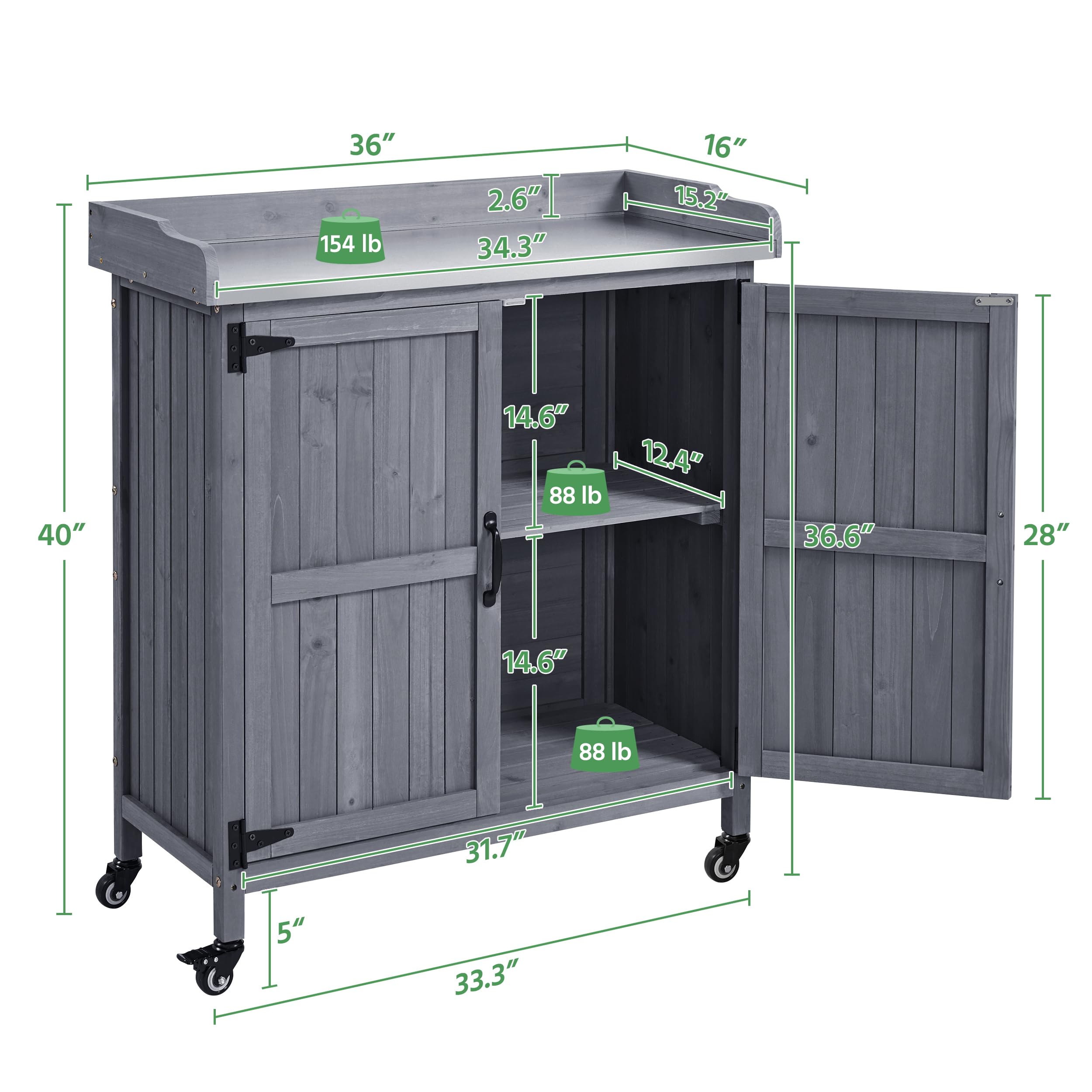 Yaheetech Outdoor Garden Potting Bench Table - Solid Wood Planting Workbench with Large Storage Space & Metal-Plated Tabletop - Gray - Perfect for Gardening, Planting, and Organizing Tools (Indoor/Outdoor Use)