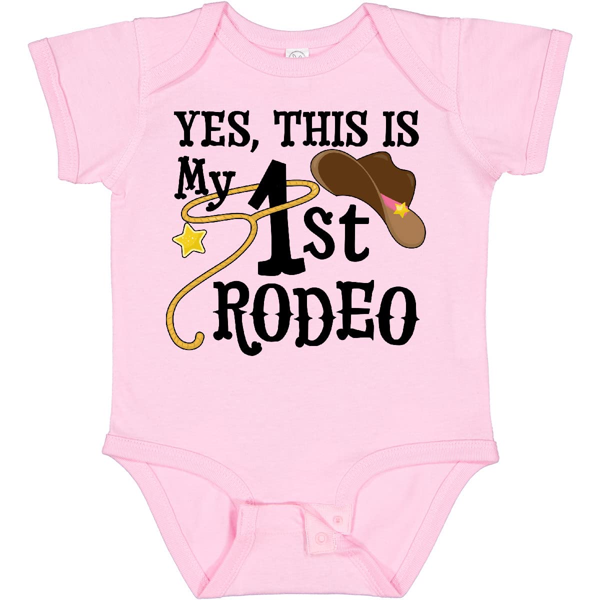 Inktastic 'Yes, This Is My 1st Rodeo' Cowboy Hat with Pink Band Baby Bodysuit - Cute Western Outfit for Infants, Rodeo Theme Party, Cowboy Costume, Photo Shoot & First Birthday Celebration