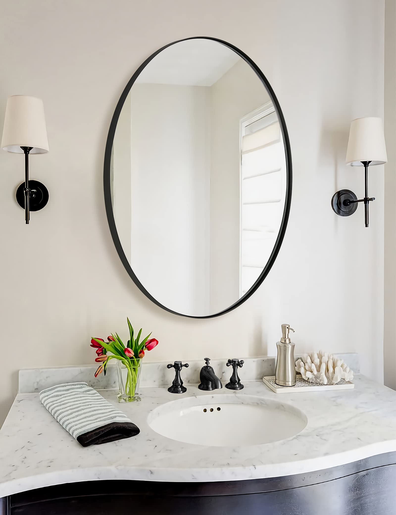 ANDY STAR 20x28 Inch Oval Bathroom Mirror with Stainless Steel Frame - Black Pill-Shaped Wall Mount Vanity Mirror for Horizontal or Vertical Installation - Perfect for Bathroom, Bedroom, and Dressing Room Décor