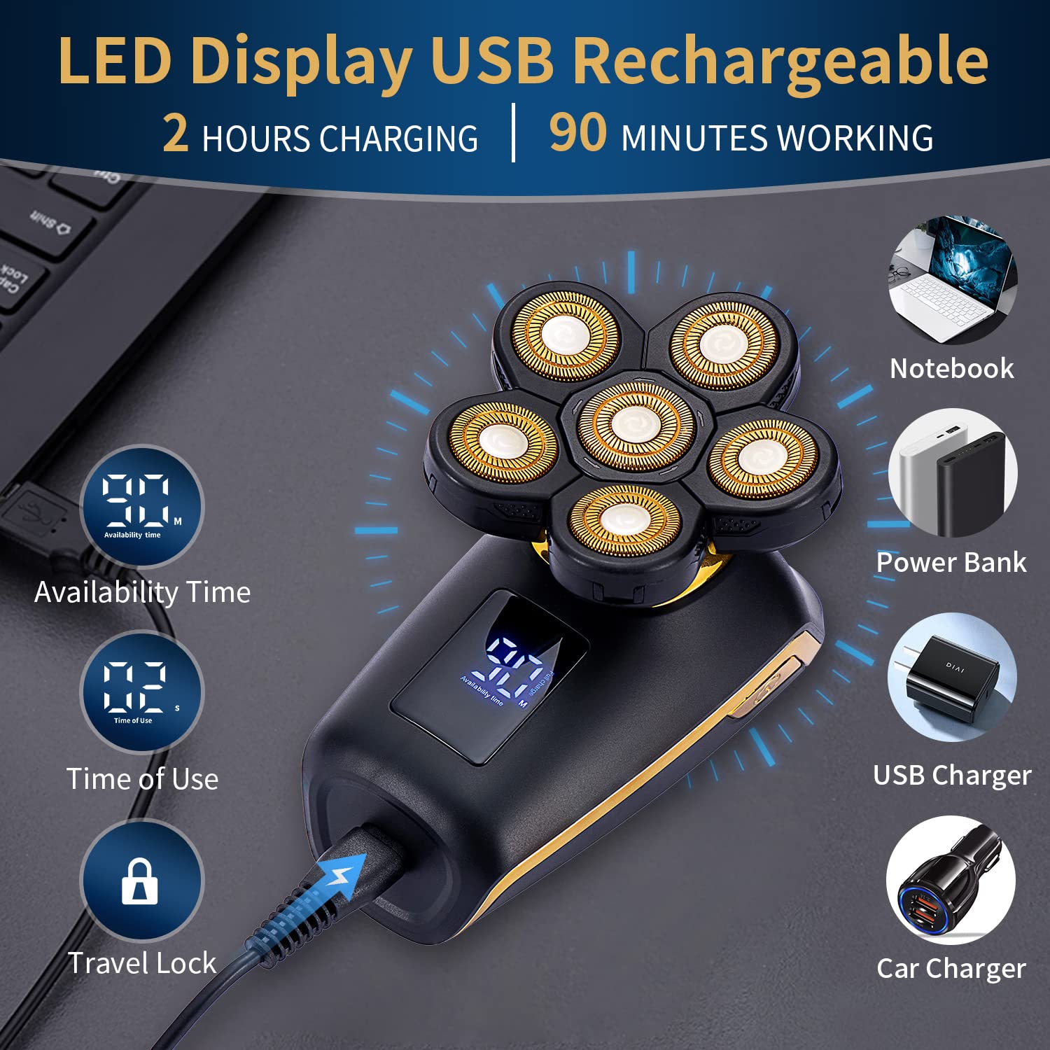 6D Electric Rotary Head Shaver for Men - Cordless, Waterproof & Rechargeable Bald Head Shaver - Multifunctional Men's Electric Razor for Smooth Shaving - Perfect for Travel, Gym & Daily Grooming Routine