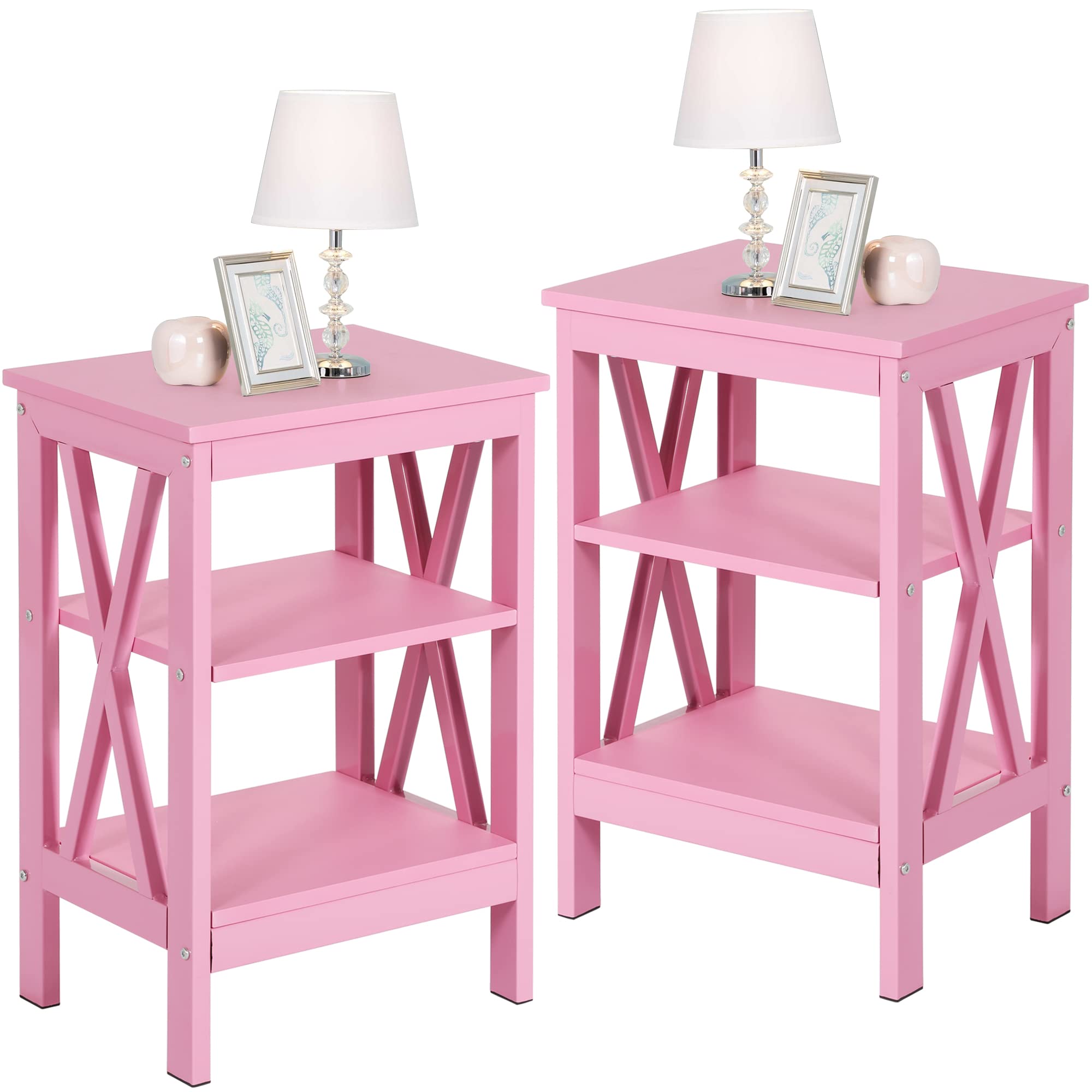 VECELO 2-Pack Pink End Side Table with Storage Shelf - Modern Nightstand for Bedroom, Living Room | Space-Saving Furniture with Shelves for Small Spaces, Apartments & Dorms