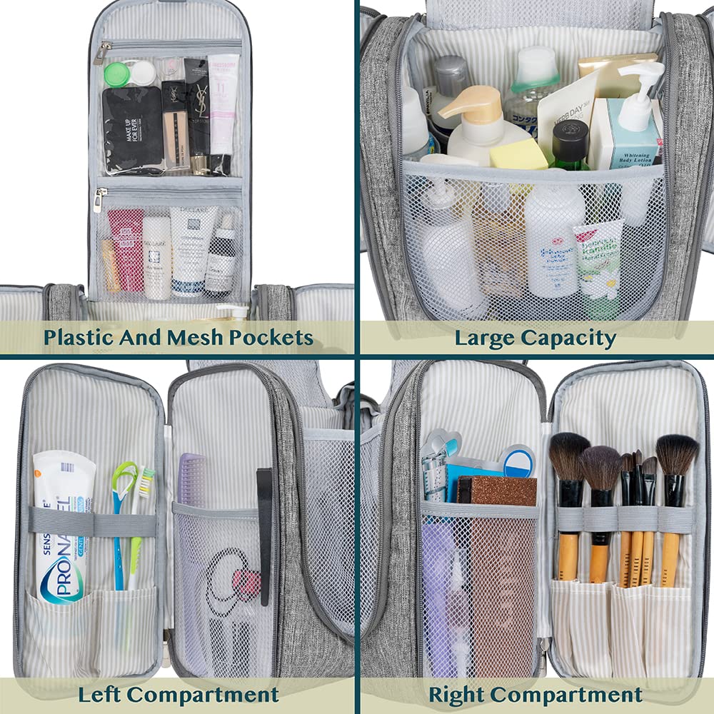 PAVILIA Extra Large Hanging Toiletry Bag for Women & Men - Waterproof Travel Cosmetic Organizer with Multiple Pockets for Makeup, Toiletries & Accessories - Perfect for Vacation, Gym & Business Trips (Grey)