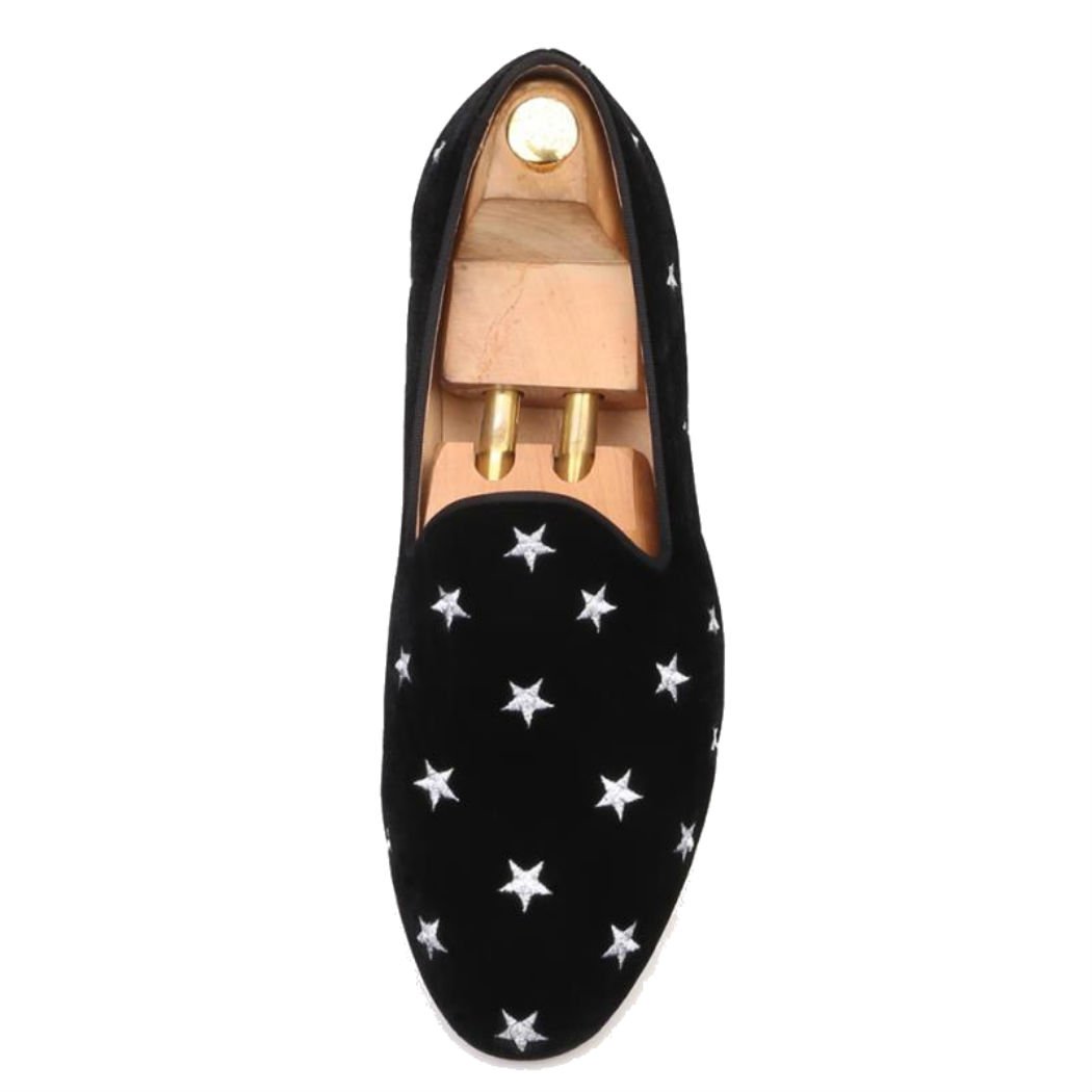 FERUCCI Handmade Men's Black Velvet Loafers with Silver Star Design - Comfortable House Slippers for Indoor/Outdoor Wear, Perfect for Lounge, Travel and Gift Giving