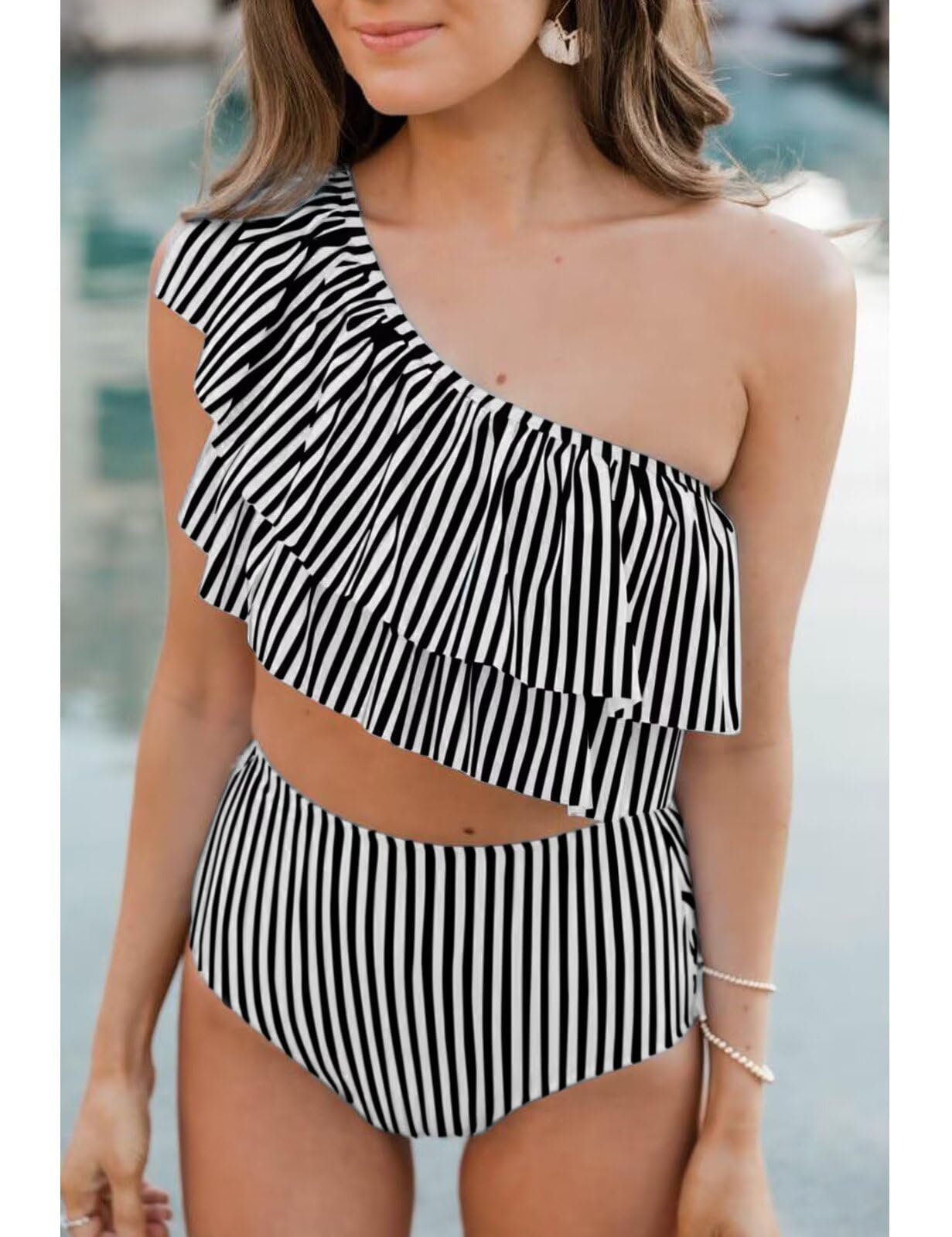 VIMPUNEC Women's Striped High Waisted Ruffle One Shoulder Two Piece Swimsuits - Sexy Summer Beachwear for Pool Party & Vacation