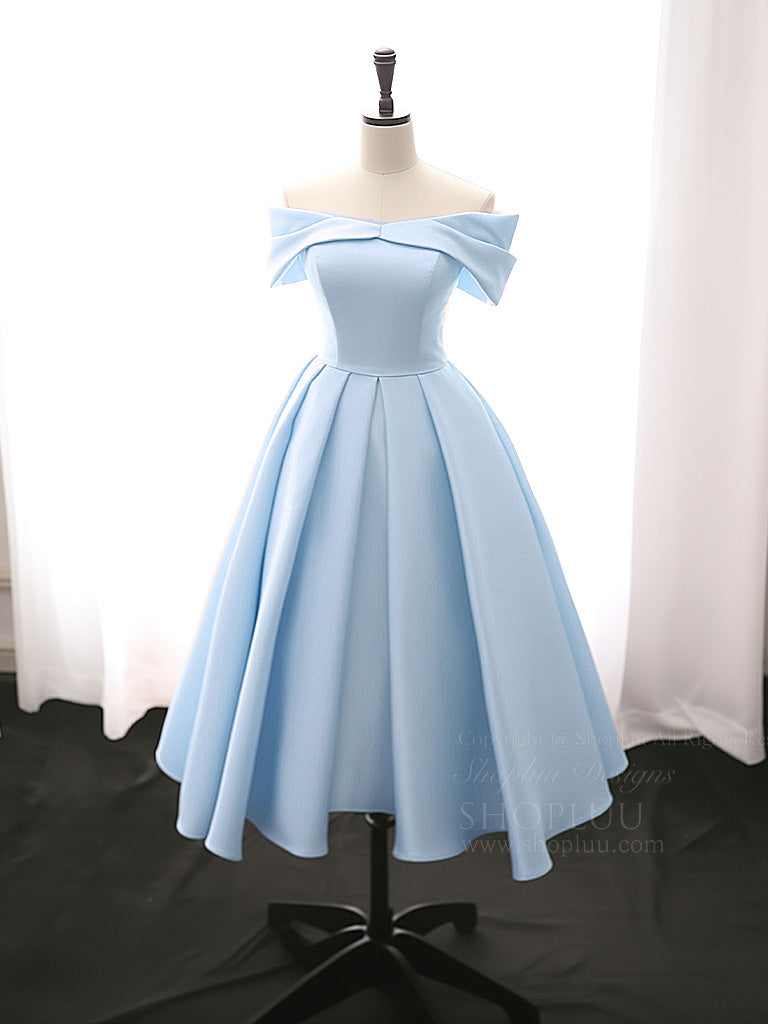 Elegant Off Shoulder A-Line Satin Prom Dress in Blue - Tea Length Formal Gown for Homecoming, Quinceañera & Evening Events