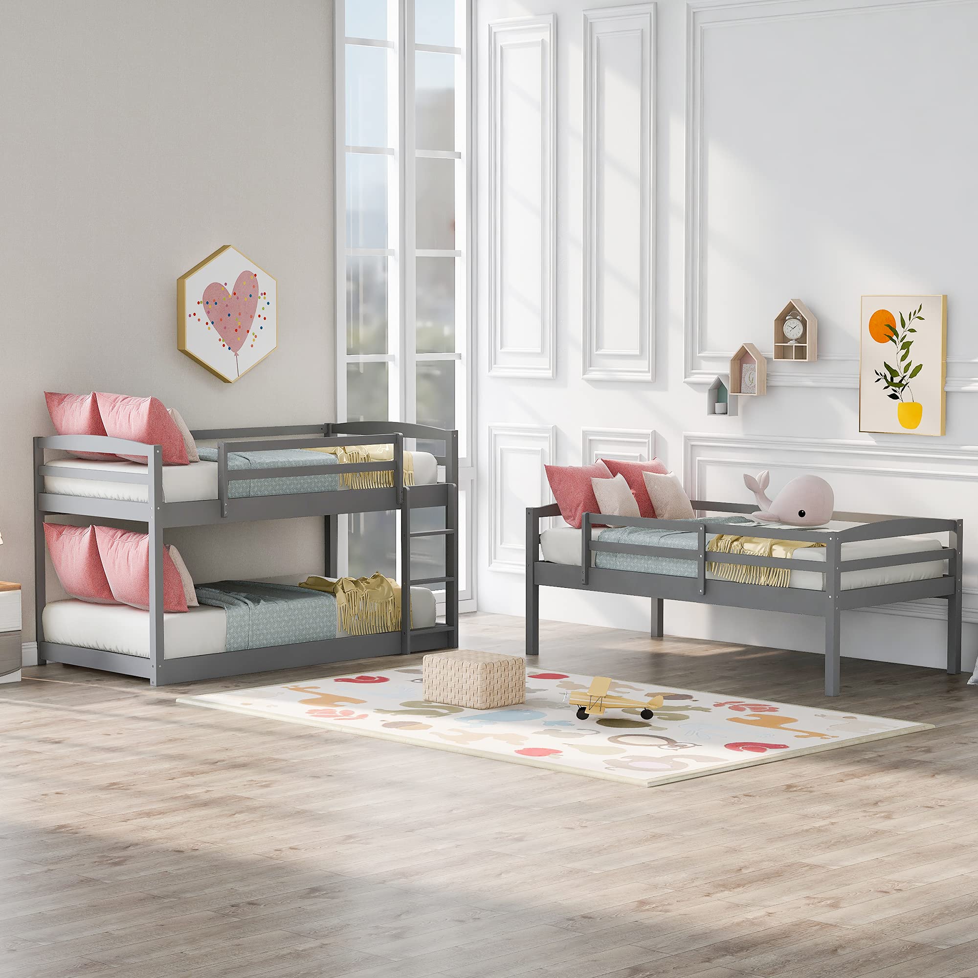 Solid Wood Triple Bunk Bed for Kids - Twin Over Twin Over Twin Bunk Bed Frame with 2 Built-in Ladders & Safety Guardrail - Converts to Twin Bunk Beds or Loft Bed - Space Saving Kids Bedroom Furniture for Small Rooms, Shared Bedrooms & Vacation Homes (Gray)