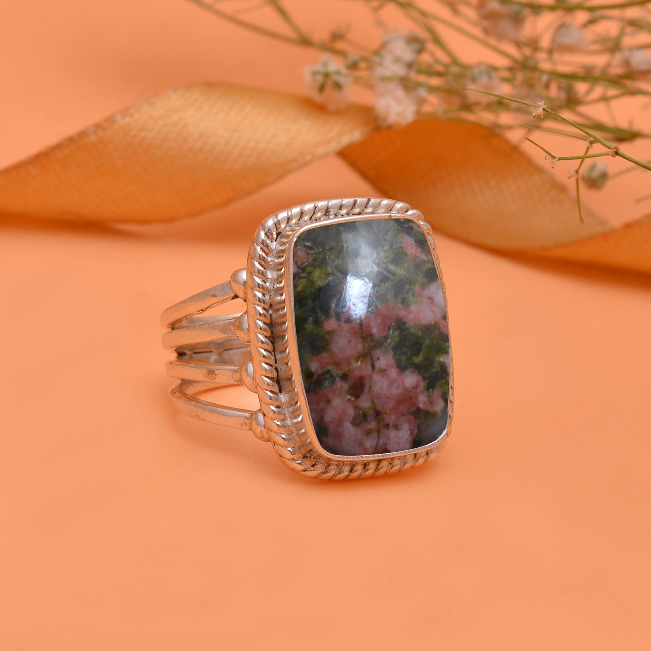 Veracity Jewelry 925 Sterling Silver Unakite Jasper Ring for Women - Natural Orange Green Red Healing Gemstone Meditation Jewelry - Perfect for Yoga, Spiritual Healing & Everyday Wear - VSR-819