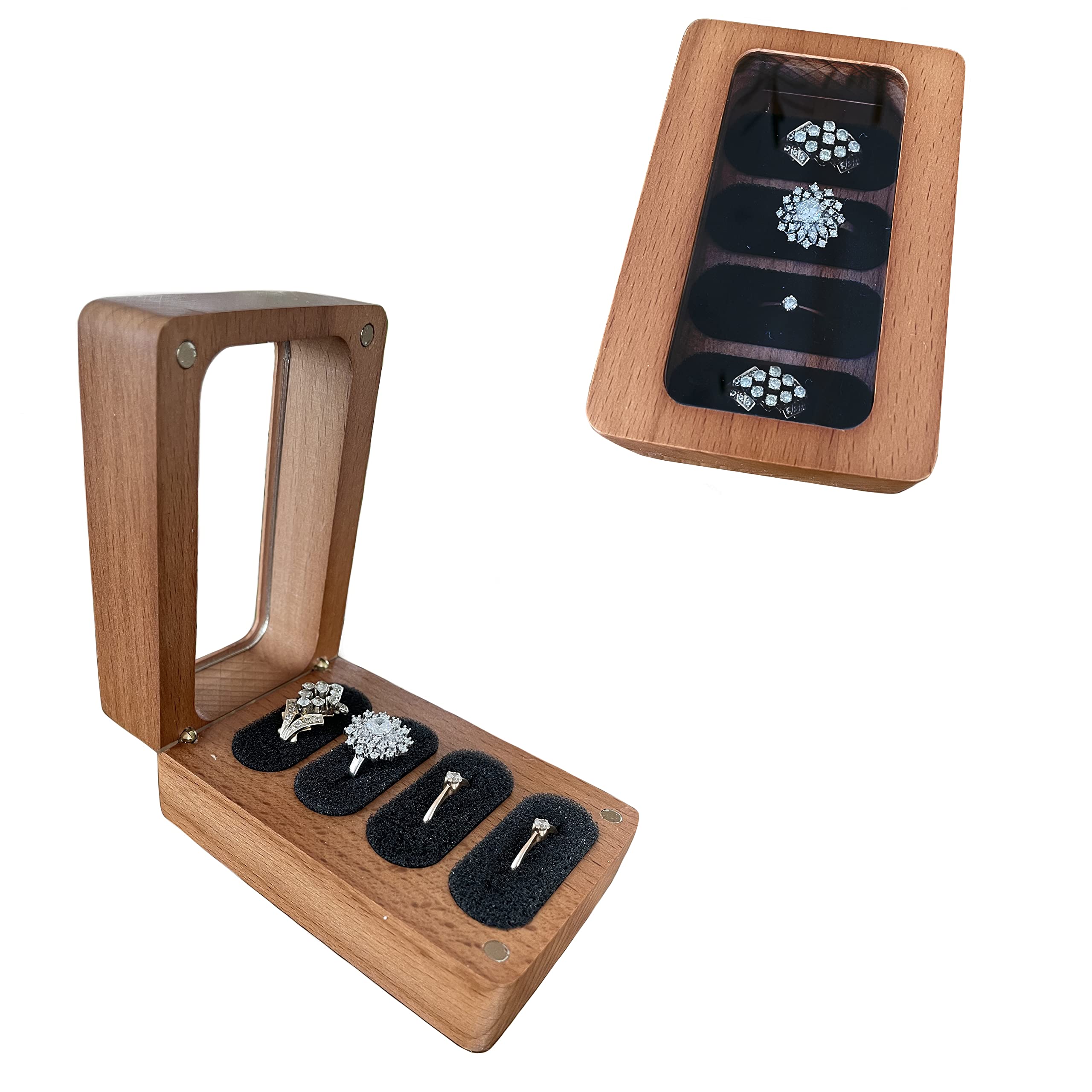 Elegant Wooden Ring Box for Wedding & Proposal - 4 Ring Holder - Perfect for Ring Bearers, Ceremonies & Romantic Engagements - Handcrafted Wooden Jewelry Box for Wedding Rings