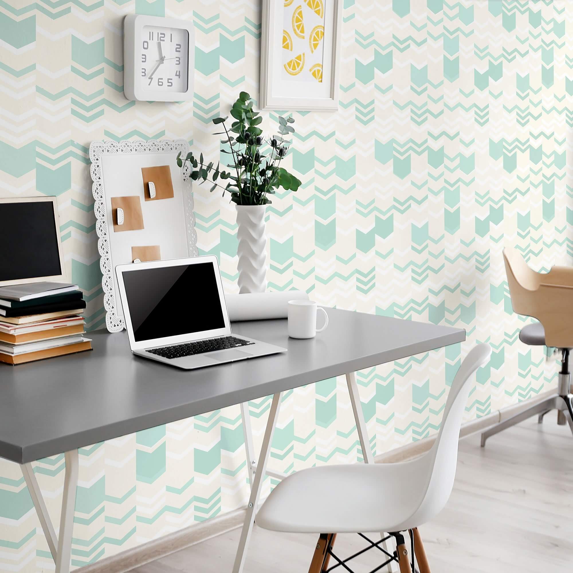 Teal and Beige Chevron Geometric Peel and Stick Removable Wallpaper - Self-Adhesive Decorative Wall Covering for Bedroom, Living Room, and Office Decor